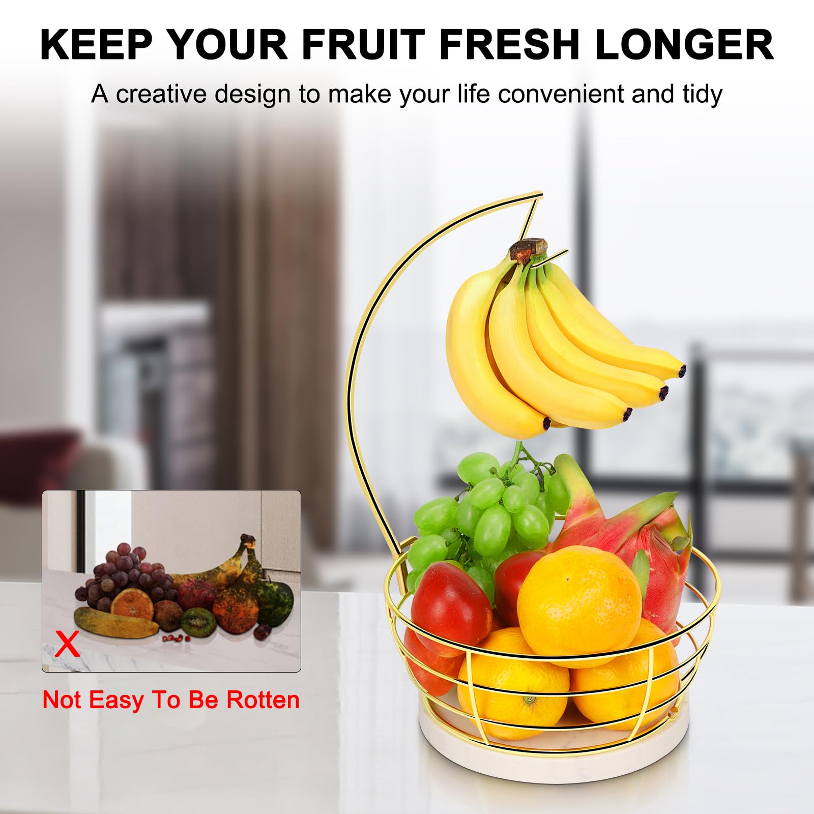 Livabber Countertop Fruit Basket Bowl with Banana Hanger, Modern Standing Fruit Vegetable Bowl Storage, with Banana Tree Holder for Kitchen Dinning Table (Round Marble, Black)