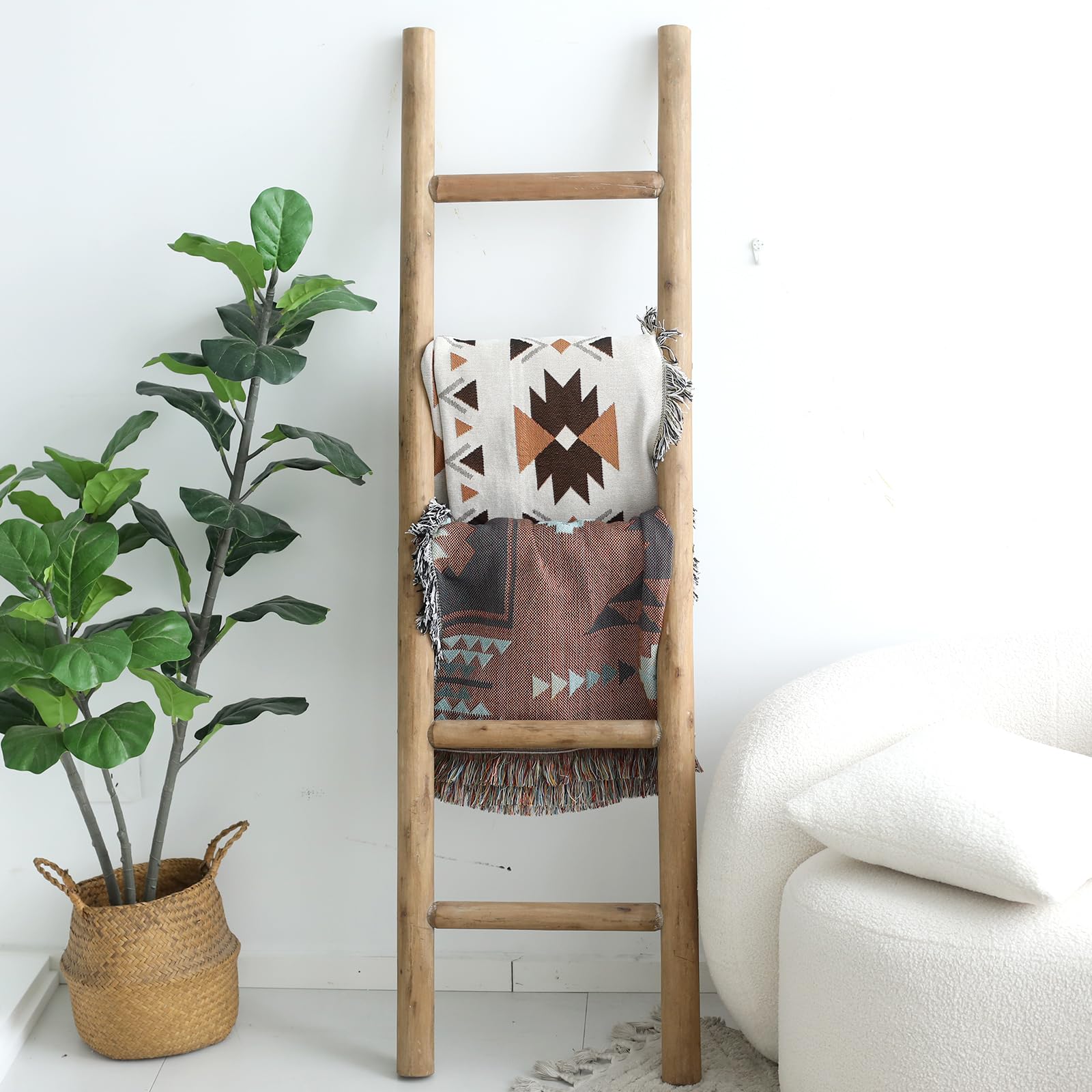 FUIN 57in Wood Blanket Ladder Living Room Decorative Wall Leaning Farmhouse Quilt Display Holder Rustic Wooden Towel Rack for Bathroom, Black