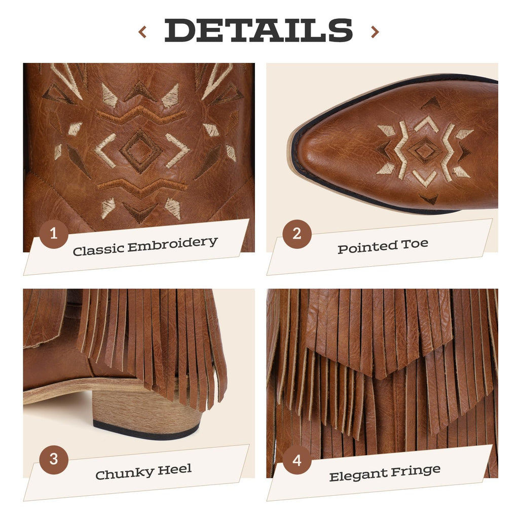 Cowboy Boots for Women - Fringe Knee High Cowgirl Boots with Classic Embroidery, Pointed Toe Pull on Retro Design, Perfect for Western Parties, Weddings and Events