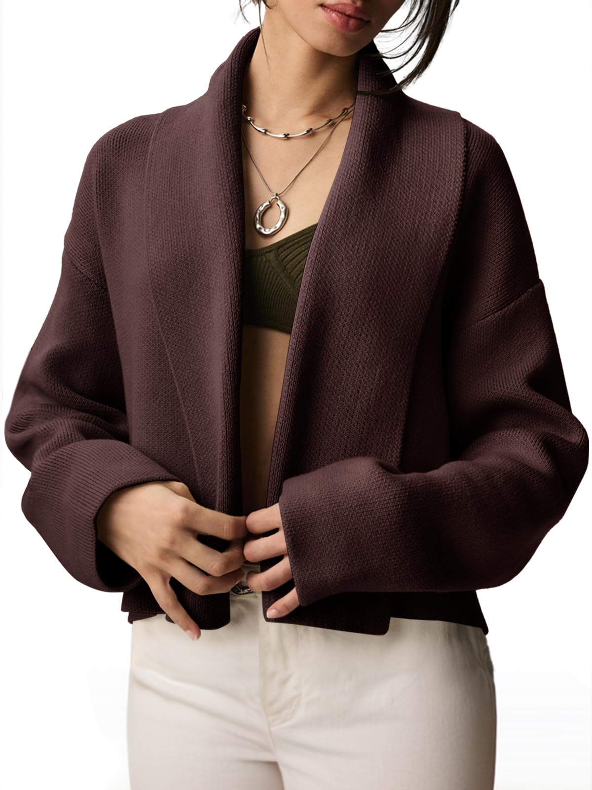 Saodimallsu Womens Cropped Cardigan Open Front Shawl 2026 Fall Trendy Long Sleeve Sweater Jacket