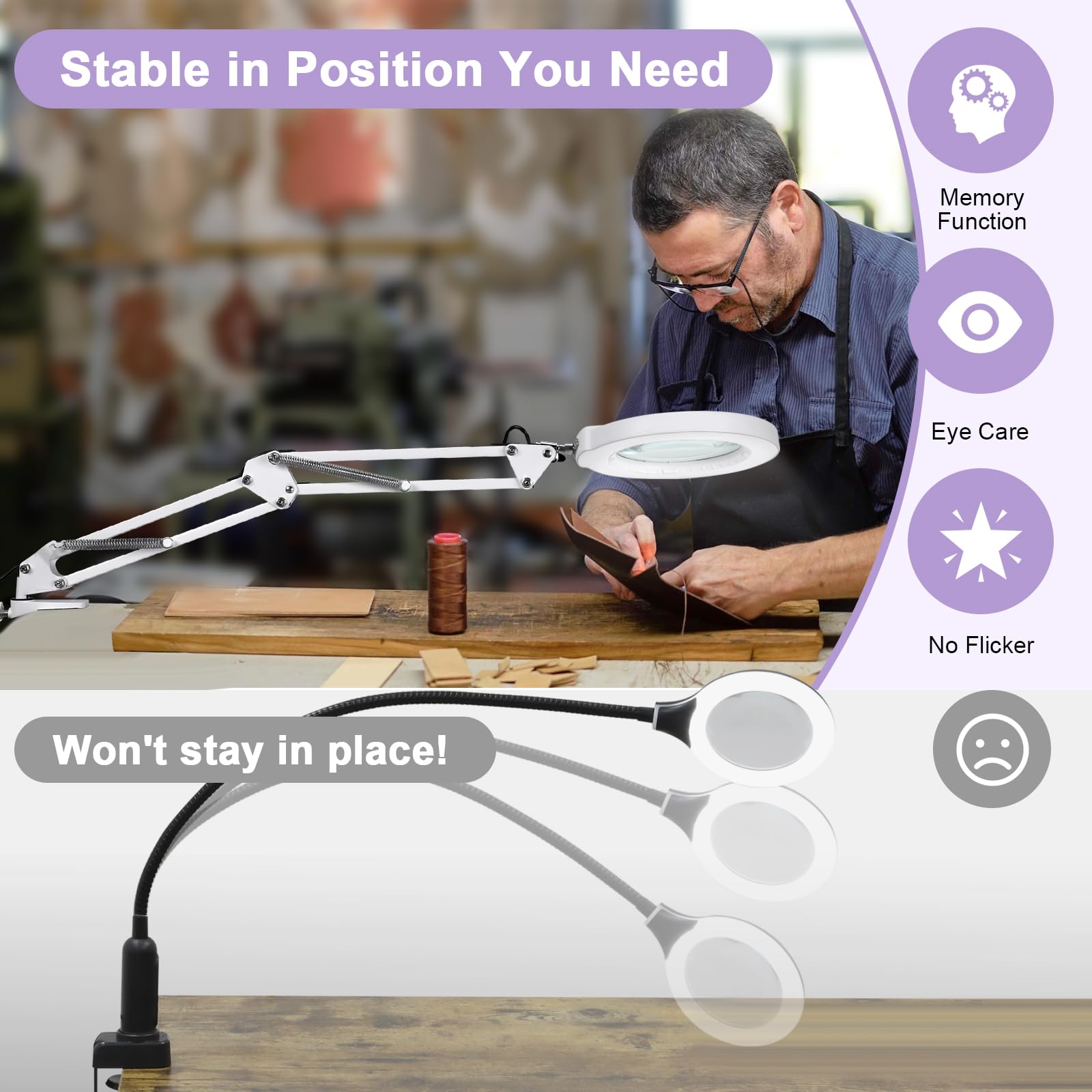 12X Magnifying Glass with Light and Stand, Real Glass, 5 Color Modes, Brightness Stepless Dimmable Lighted Magnifier Hands Free, 2-in-1 Desk Lamp & Clamp Light, Magnifier Lamp for Close Work, Reading