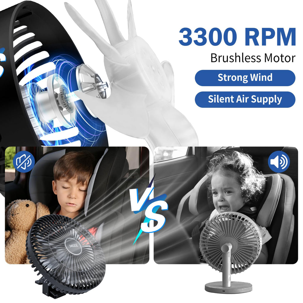 XOOL Clip Car Fan, 9 Inches 12V/24V Fan, 360° Rotatable Electric Cooling Clip on Fan with Stepless Speed Regulation for SUV, RV, Truck