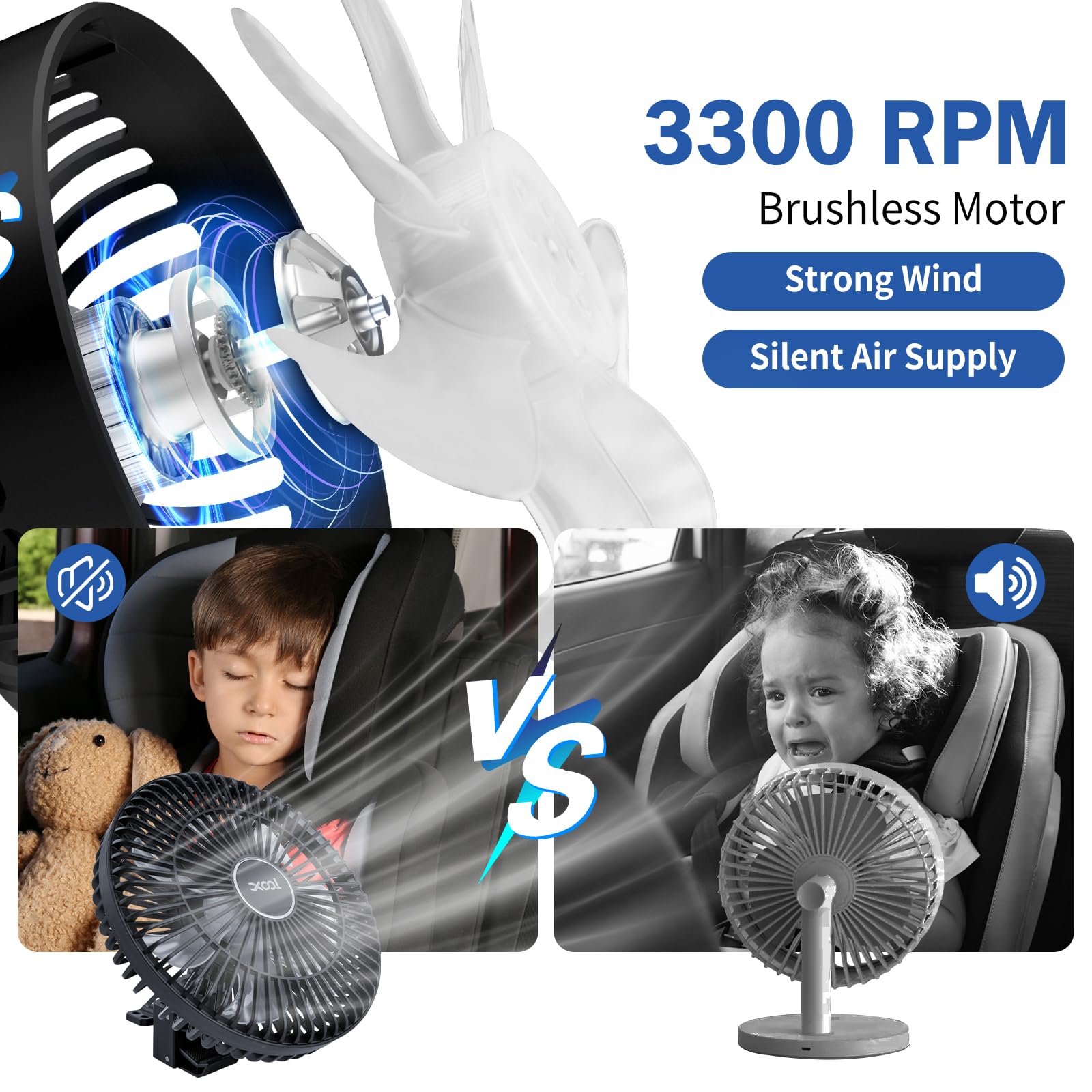 XOOL Clip Car Fan, 9 Inches 12V/24V Fan, 360° Rotatable Electric Cooling Clip on Fan with Stepless Speed Regulation for SUV, RV, Truck