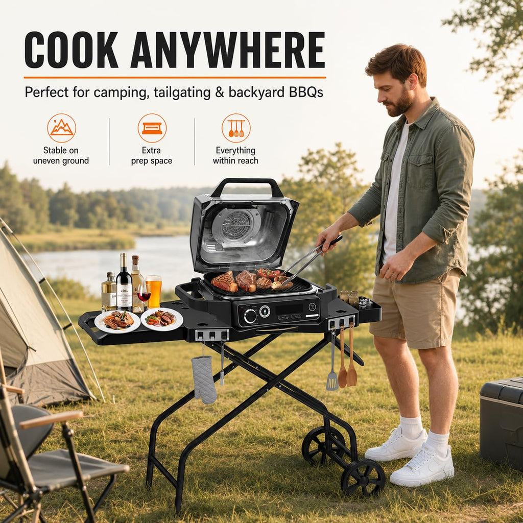 GRISUN Foldable Grill Table Stand for Ninja Woodfire Outdoor Grill（OG700/701/751), Portable Camping Table for Blackstone 22", Portable BBQ Stand with 2 Wheels, Side Table & Storage Basket