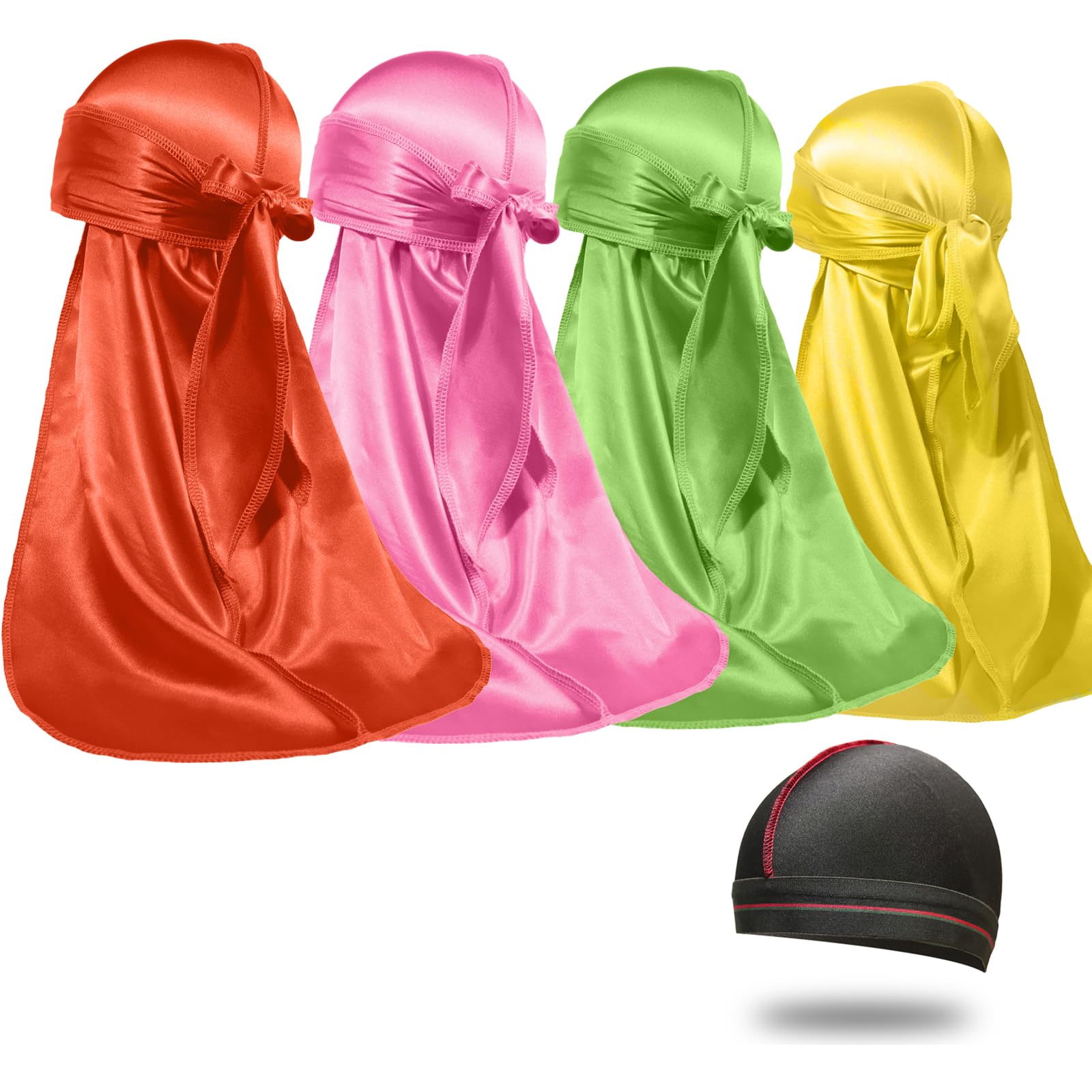4PCS Silky Durags for Men Women 360 Waves with 1 Wave Cap, Silky Satin Durag Extra Long Tails