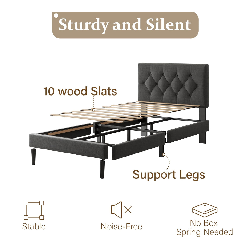 CXVX Full Size Platform Bed Frame with Upholstered Headboard, Button Tufted Design, Strong Wooden Slats, No Box Spring Needed, Easy Assembly, Noise Free