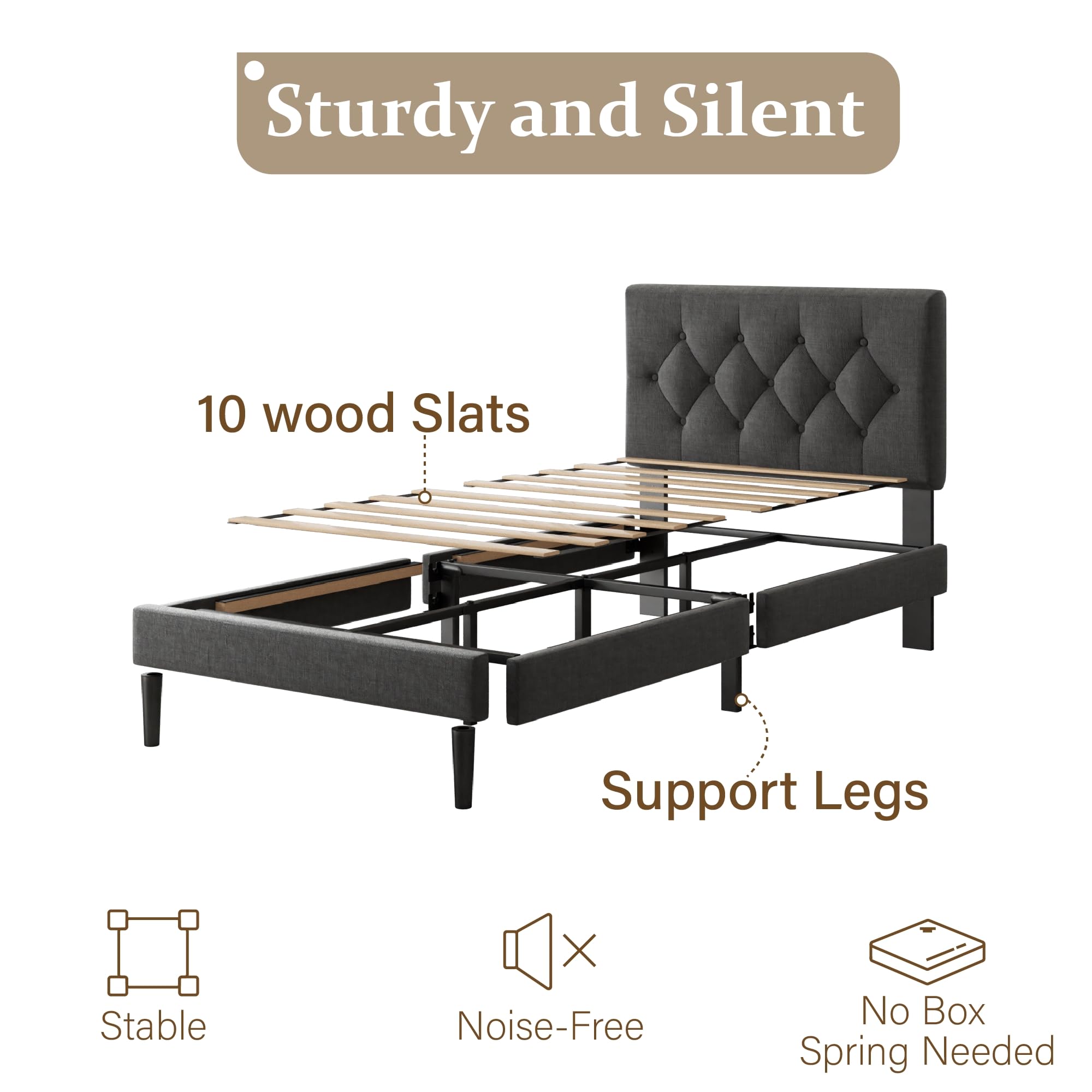 CXVX Full Size Platform Bed Frame with Upholstered Headboard, Button Tufted Design, Strong Wooden Slats, No Box Spring Needed, Easy Assembly, Noise Free