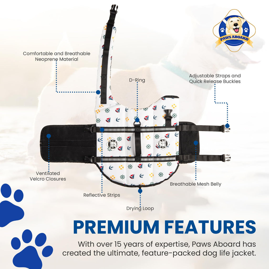 Dog Life Jacket — Premium Swim Vest with SafeChin Anti-Choke Collar | PAWS Aboard Blue & Yellow | RapidLift Rescue Handle, D-Ring, Reflective Trim | Boating, Kayaking, Pool | XX-Small (Under 6 lbs)