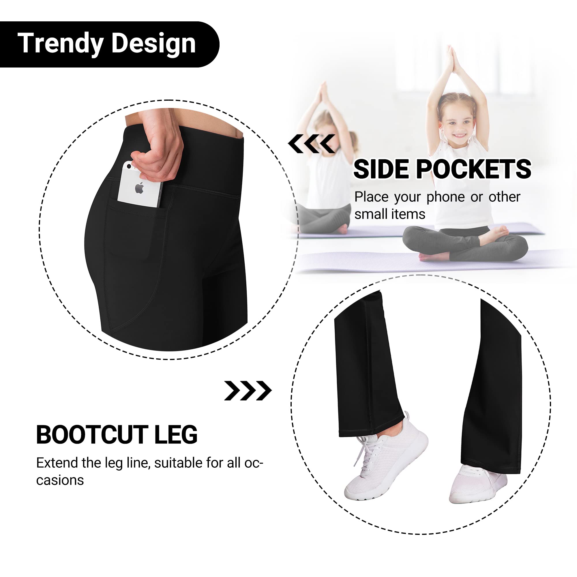 AENLLEY Girl Yoga Flare Wide Leg Tummy Control Stretchy Pants for Causal with Pockets 3 Pack