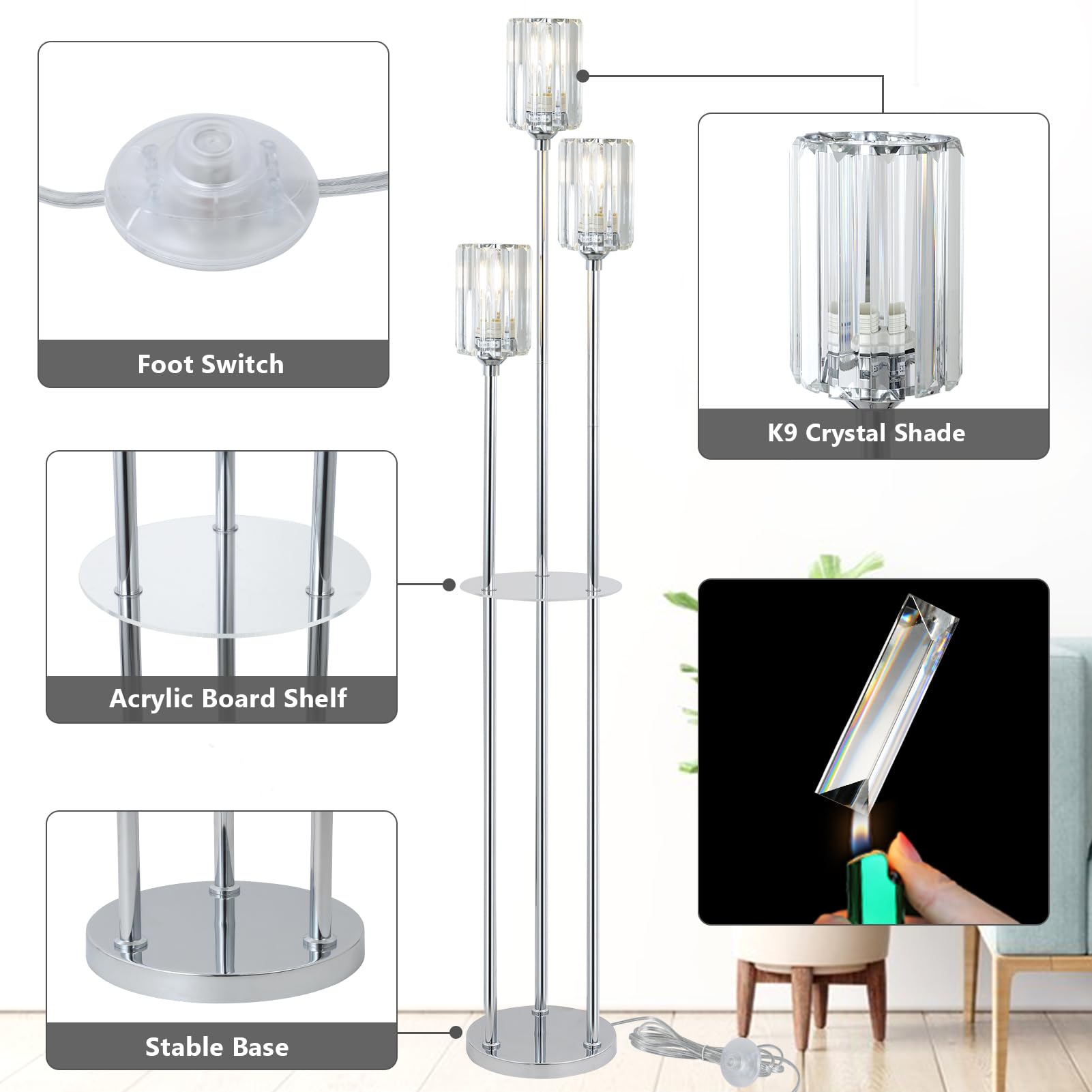 HMVPL Gold Floor Lamps for Living Room, Modern Floor Lamp with Shelves, Crystal Standing Lamps with Table, Brass Tall Lamp with Crystal Shade, On/Off Switch, Mid Century Corner Floor Lamp for Bedroom