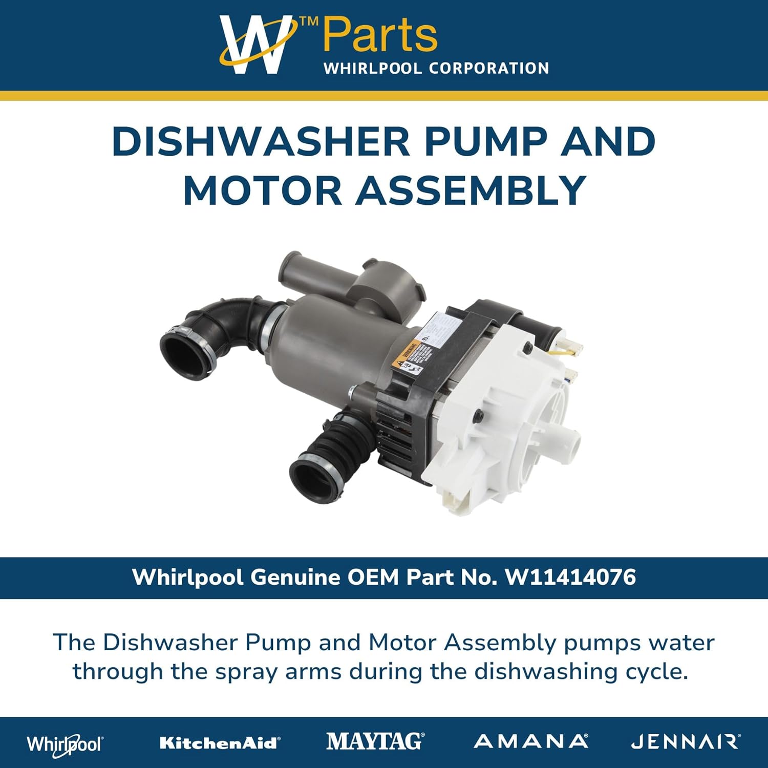 Whirlpool W11414076 Genuine OEM Dishwasher Pump and Motor Assembly Replacement Part - Replaces W11122133