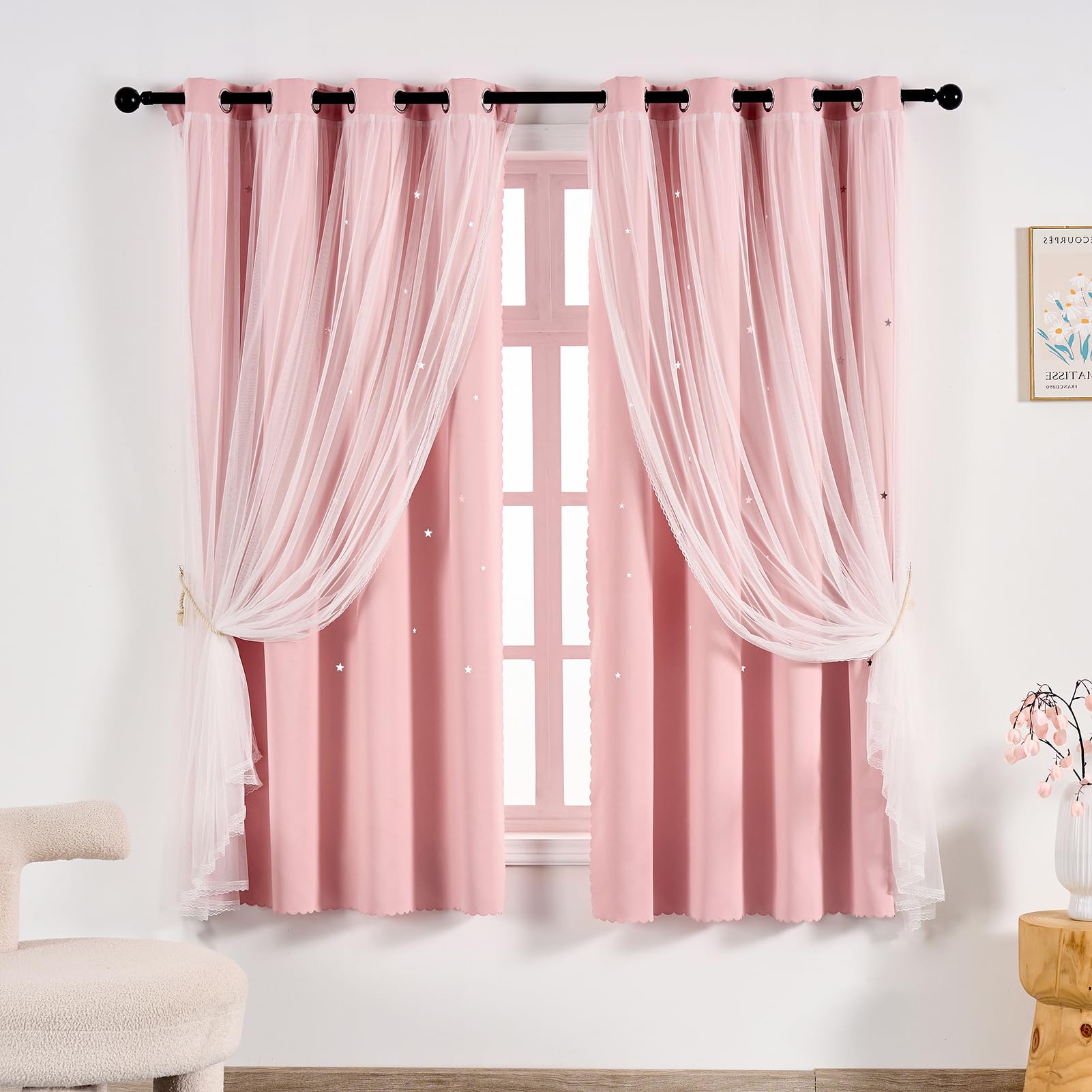 Anytime Star Cut-Out Blackout Curtains for Bedroom 2 Panels,2-Layers Mix Design of Fabric & Tulle,Pretty Pure Color Window Curtain for Kids Room(W35 x L45,LPink)