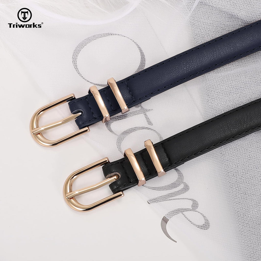 TRIWORKS 2 Pack Women Skinny Leather Belts for Jeans Pants Thin Faux Leather Belt with Gold Buckle