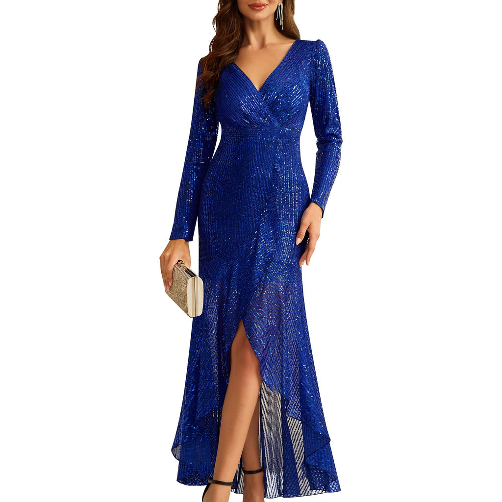 COOAN Women's Long Sequin Formal Dresses Long-Sleeve Cocktail Wedding Guest Dresses Elegant V Neck Party Gowns