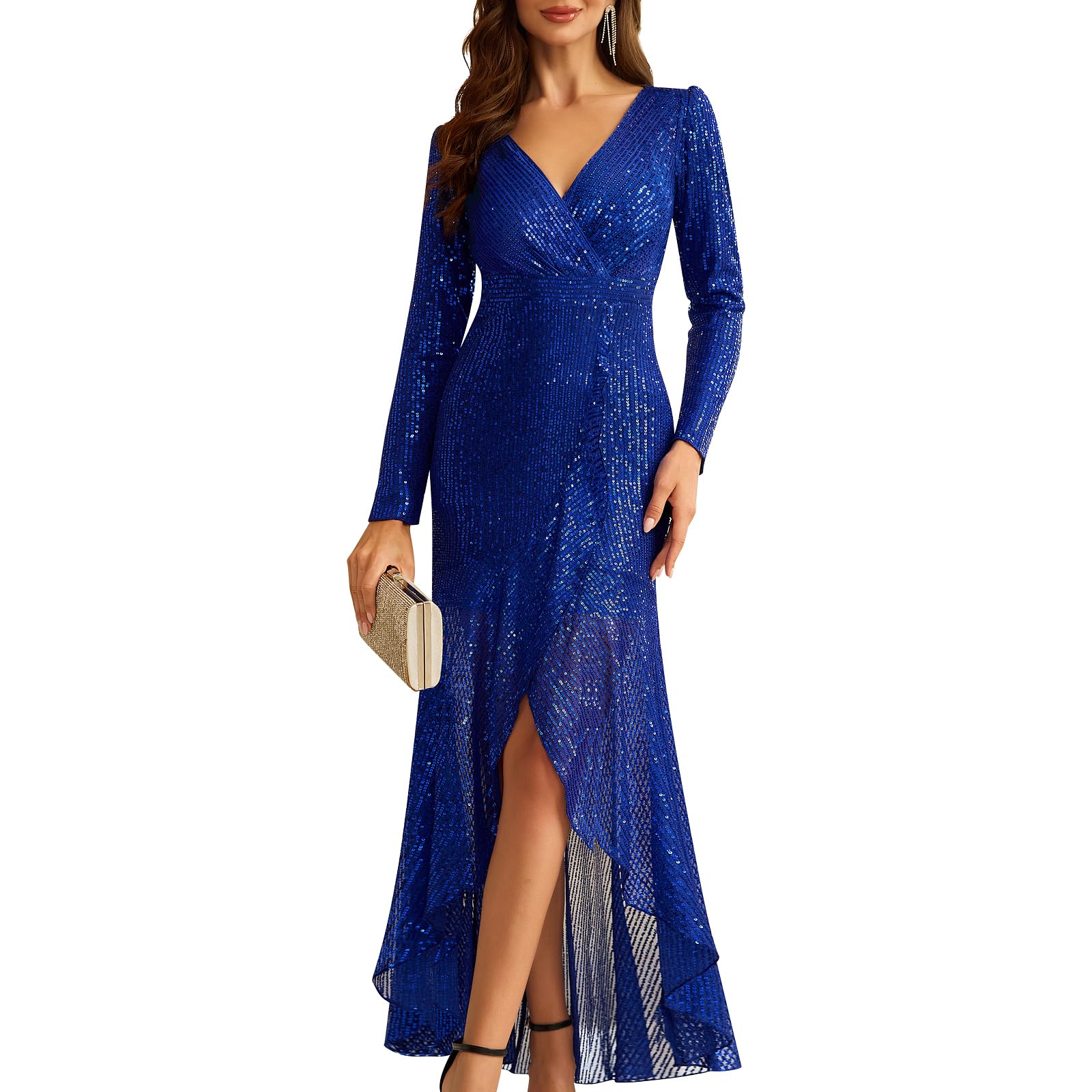 COOAN Women's Long Sequin Formal Dresses Long-Sleeve Cocktail Wedding Guest Dresses Elegant V Neck Party Gowns