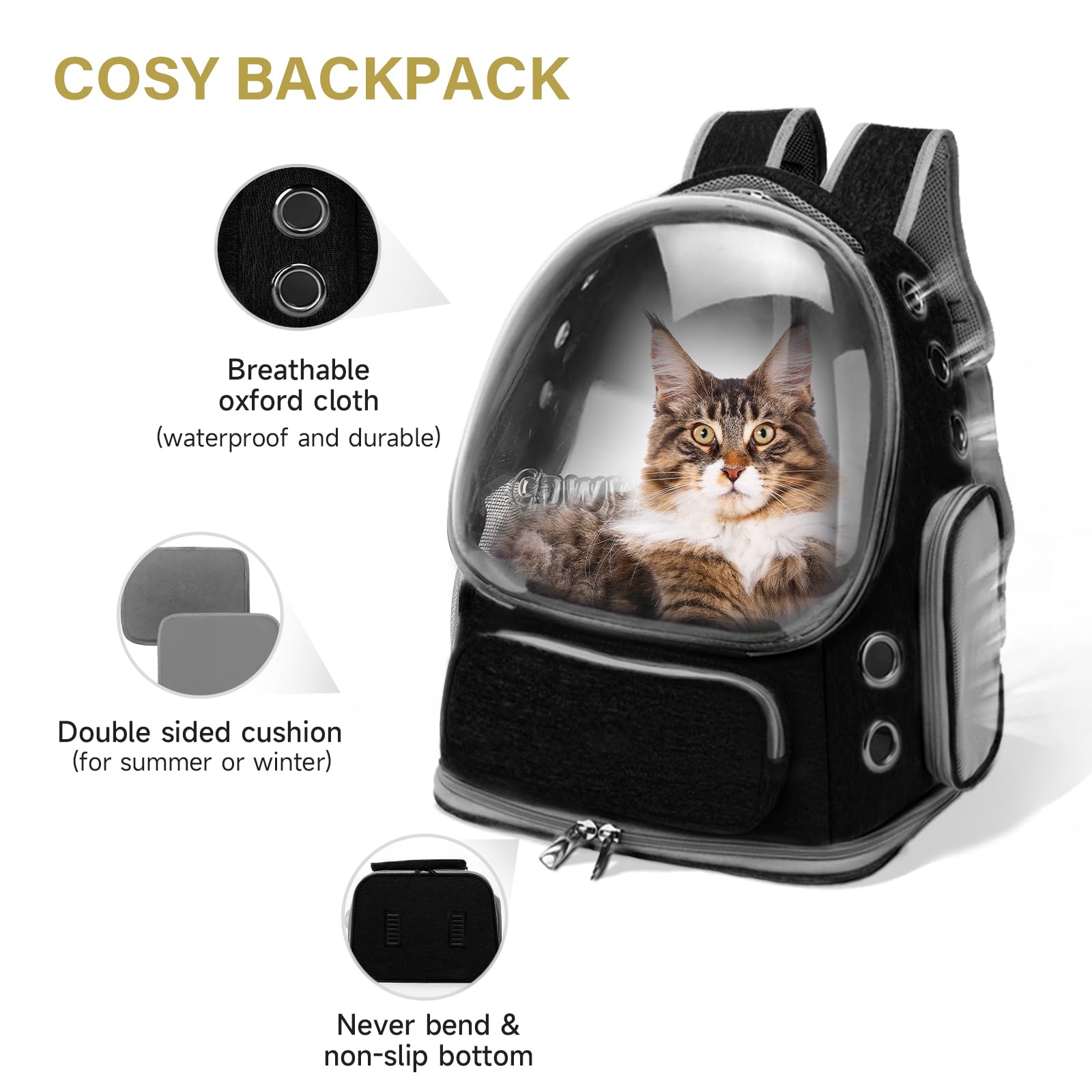 Cawypety Cat Backpack Carrier, Breathable Cat Carrier Large Space Bubble Pet Backpack for Kitty Small Dog up to 12lbs, Transparent & Foldable Pet Carrier for Travel Hiking (Black