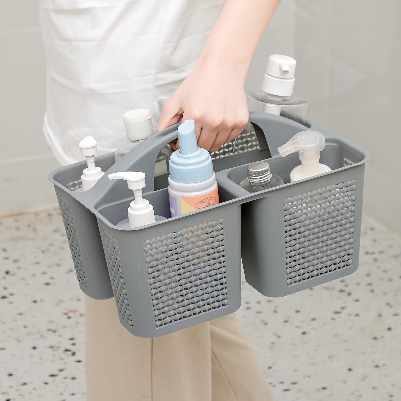 UUJOLY Plastic Portable Shower Caddy Basket Bucket, Cleaning Shower Basket with Handle Compartments Storage Basket Organizer for Bathroom Kitchen College Dorm Sink, Beige