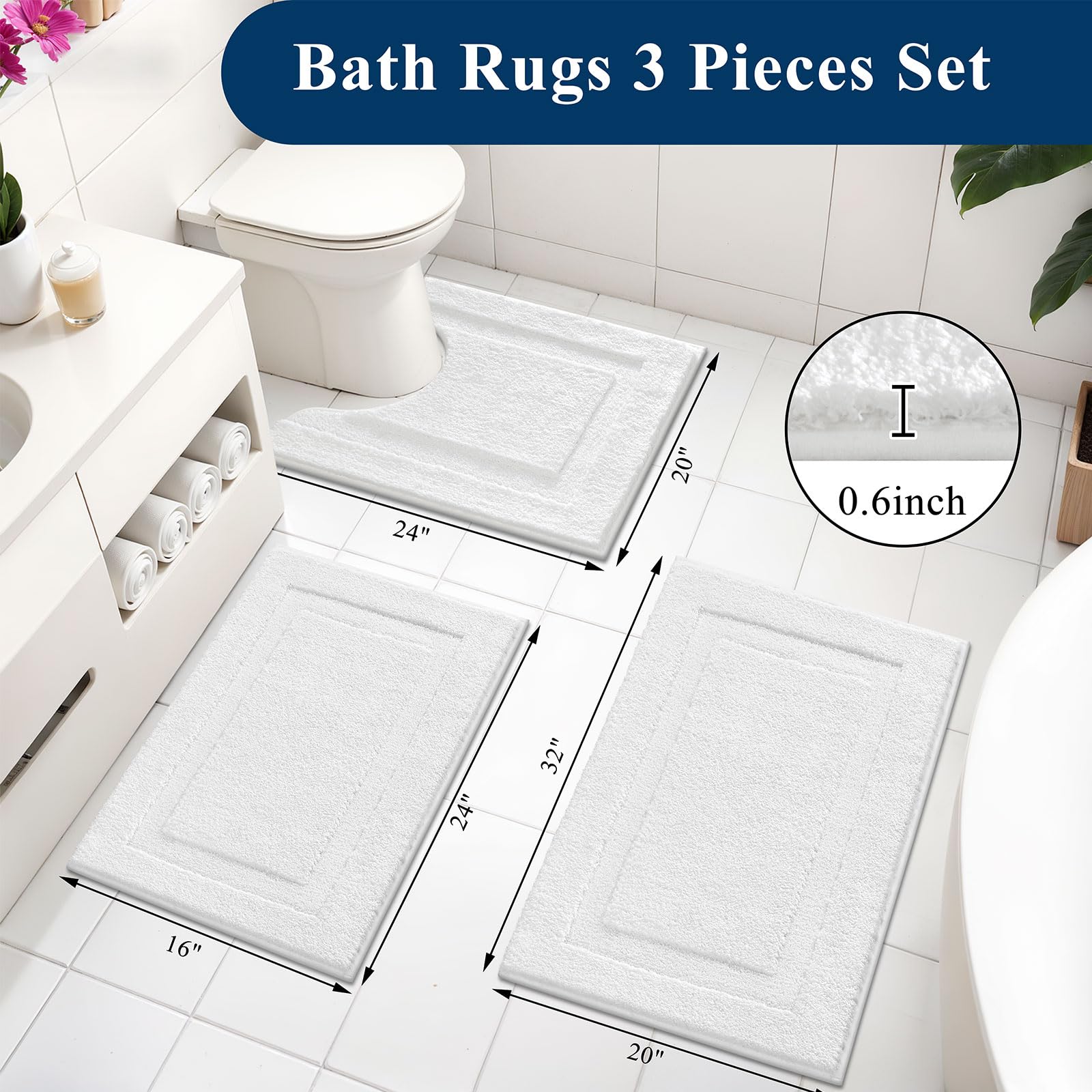 SHACOS Black Bathroom Rugs Sets 3 Piece, 16"x24" + 20"x32" Non Slip Bath Mat and 20"x24" Toilet Rugs U Shaped Washable, Soft Fluffy Water Absorbent Bath Rugs for Bathroom