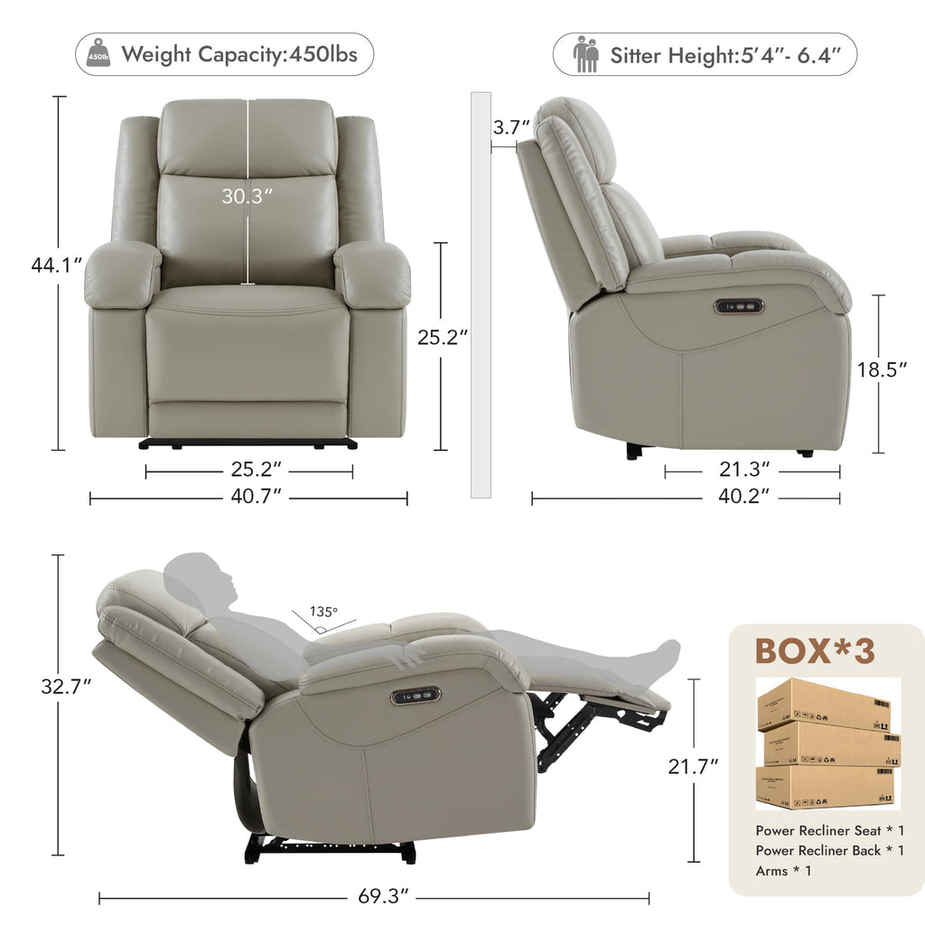 Watson & Whitely Genuine Leather Power Recliner Chairs for Adults, Wall Hugger RV Recliner with Power Headrest & Charging Ports, Electric Recliner Sofa Chair for Living Room, Black