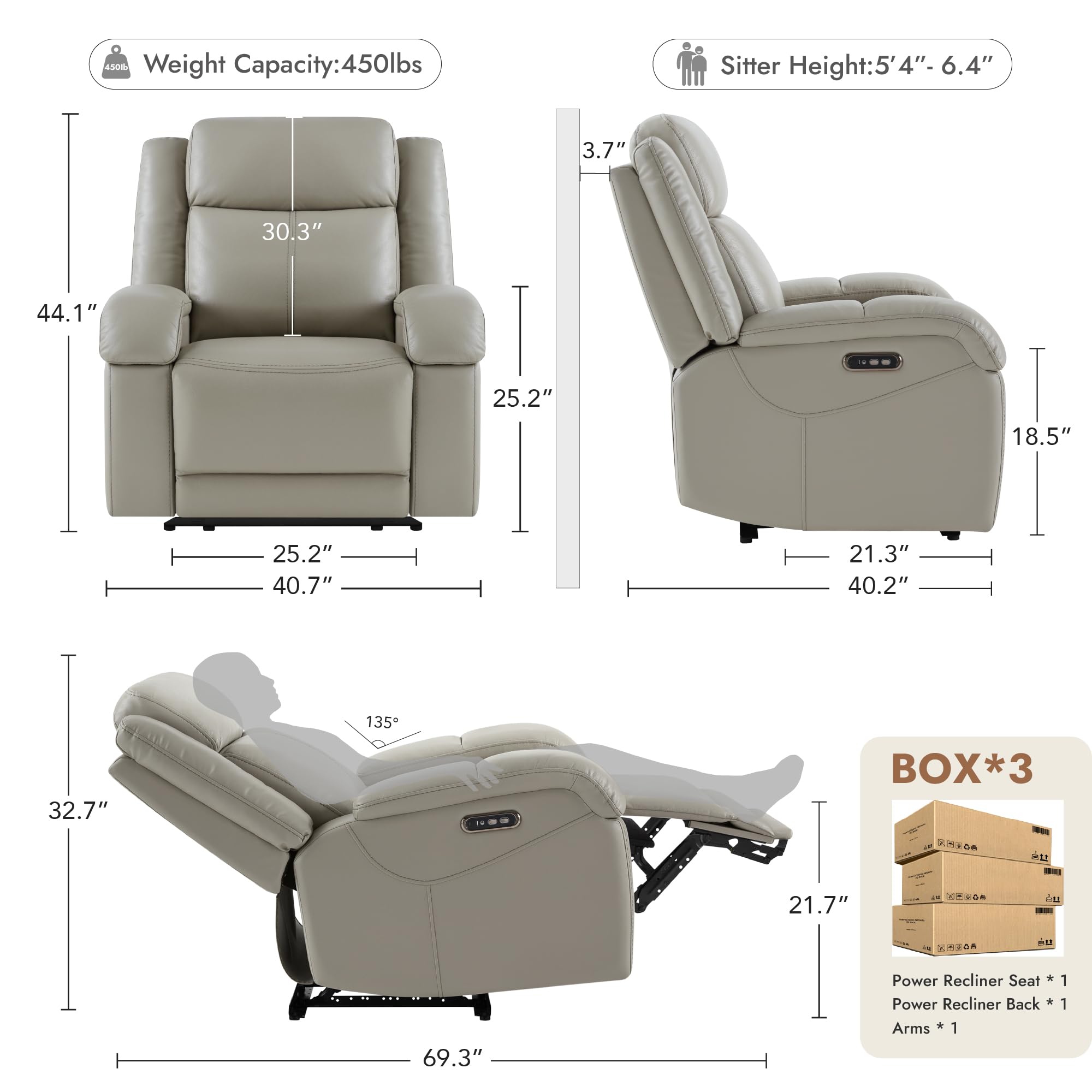 Watson & Whitely Genuine Leather Power Recliner Chairs for Adults, Wall Hugger RV Recliner with Power Headrest & Charging Ports, Electric Recliner Sofa Chair for Living Room, Black