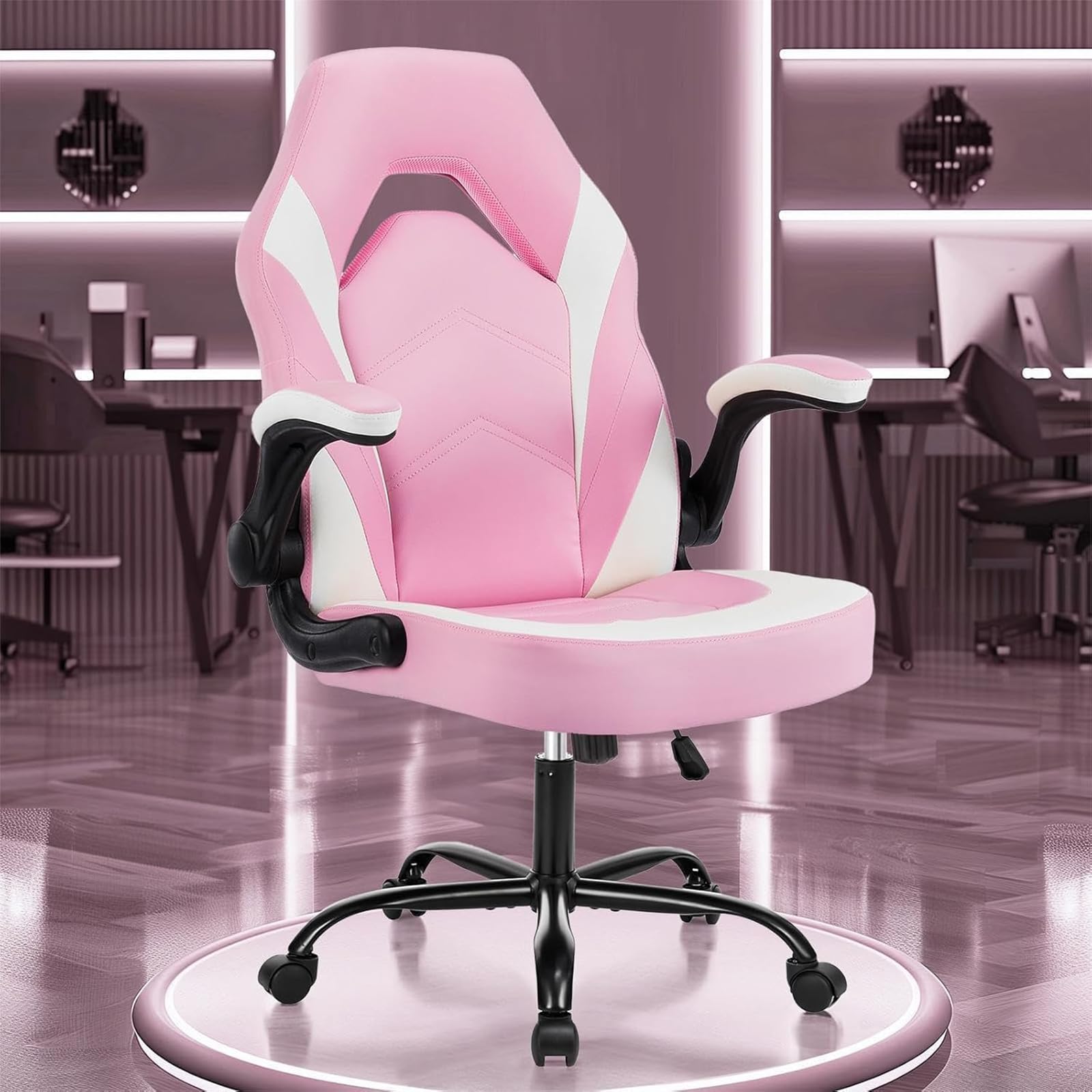 OLIXIS Computer Gaming Desk Chair - Ergonomic Video Game with Comfy Lumbar Support and headrest, PU Leather with Flip-up Arms, Adjustable Height and Swivel Wheels, for Adults, Black