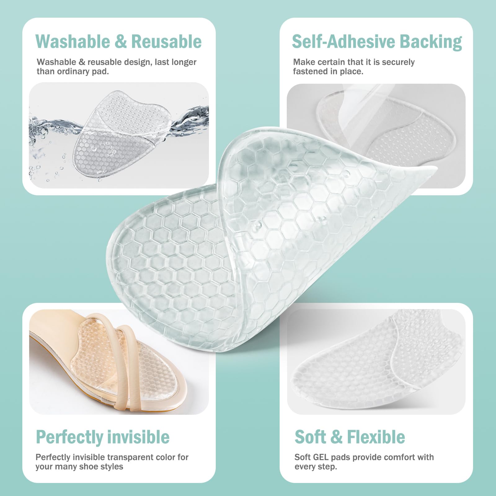 ZAIWOO Metatarsal Pads for Women, Ball of Foot Cushions, Heel Inserts, High Heel Comfort Pads (2 Pairs), Anti Slip, Invisible Design