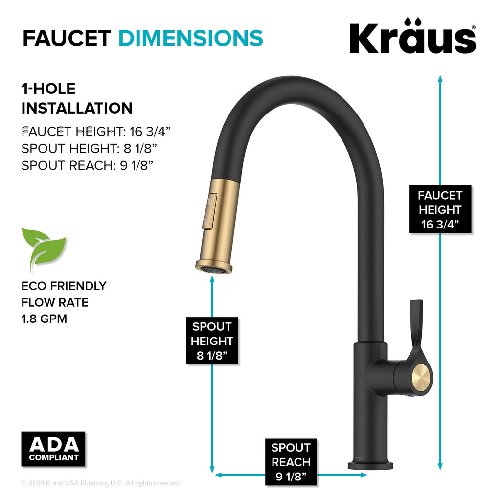 KRAUS Torak Pull Down Kitchen Faucet in Matte Black with Commercial Style Spring Spout, 2 Function Sprayer, Pre-Attached Water Lines, and Mounting Hardware, KPF-2635MB