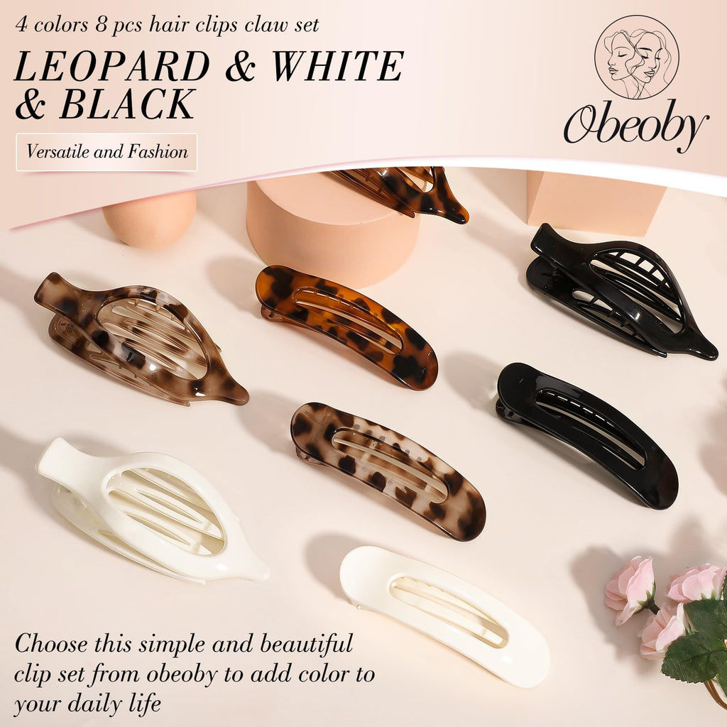 Obeoby 8 Pcs Flat Claw Clips for Women, Strong Hold French Flat Hair Clips for Thick Thin Hair Barrettes Accessories Round Large Medium (Tortoiseshell)
