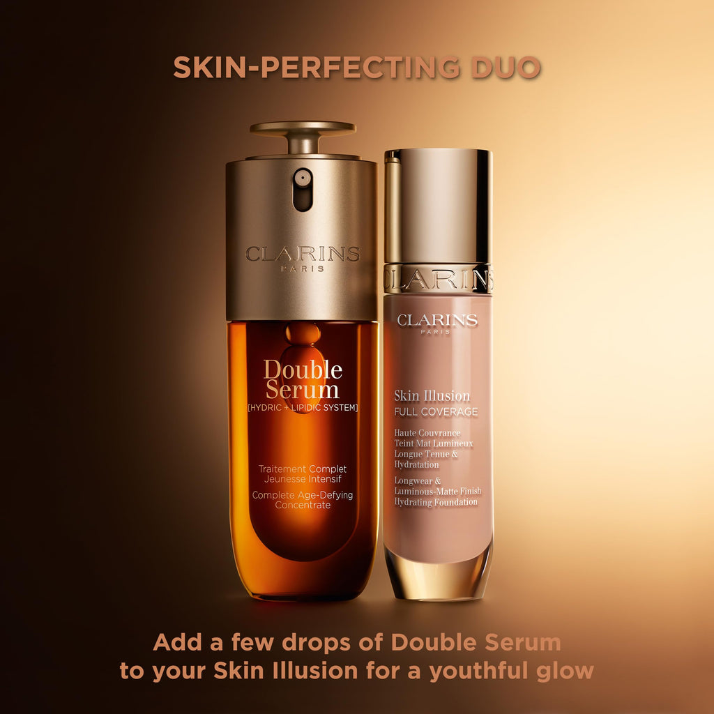 Clarins Skin Illusion Longwear Full Coverage Foundation|Luminous Matte Finish|24H Hold and 24H Hydration|Natural Looking|Transfer, Sweat and Smudge Proof| Contains Hyaluronic Acid|1 Fl Oz