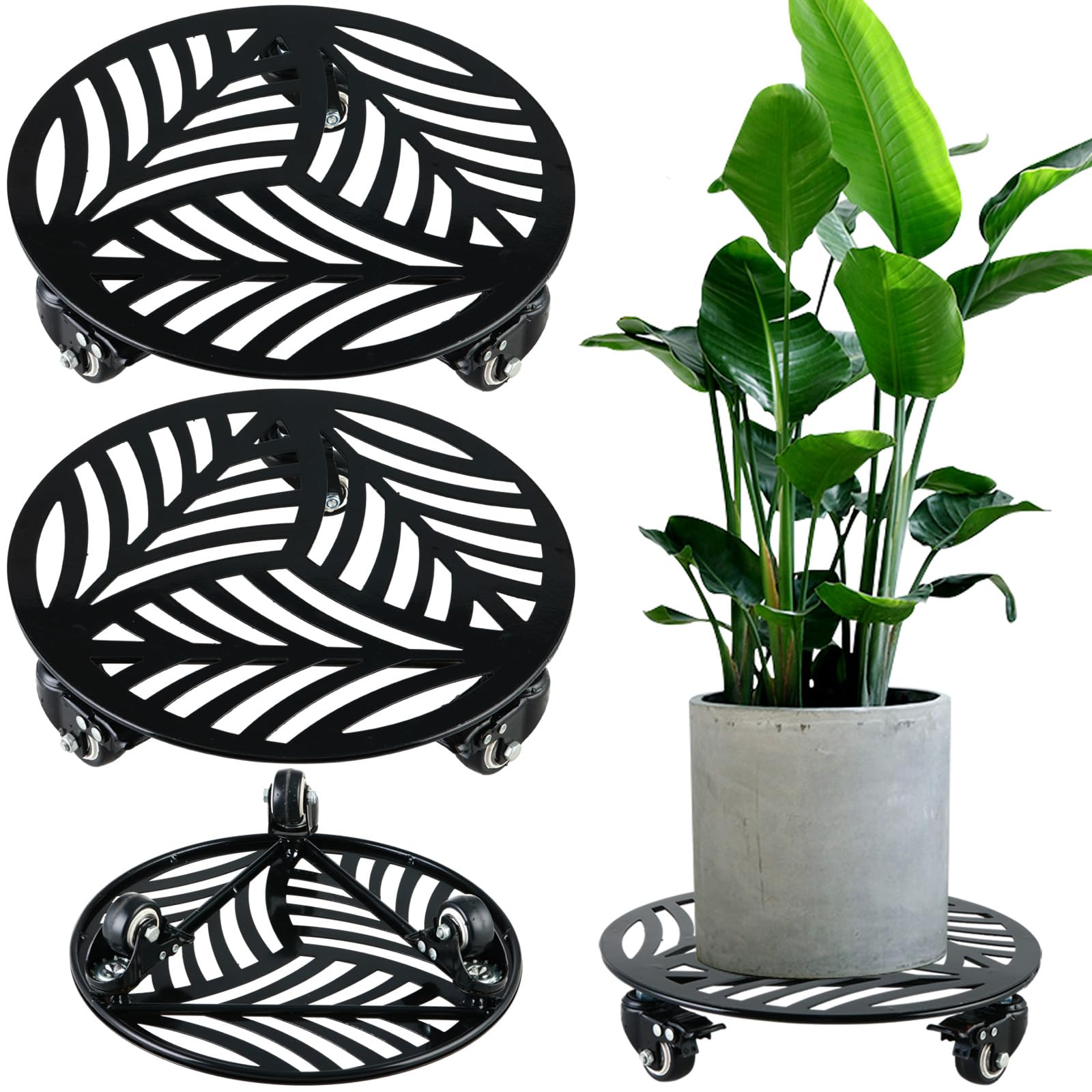 1 Pack 12 inches Large Metal Plant Caddy with 3 PU Metal Wheels Rolling Plant Stand with Casters Indoor Outdoor Wheeled Planter Roller Base Pot Movers Plant Dolly Coaster Trolley Black