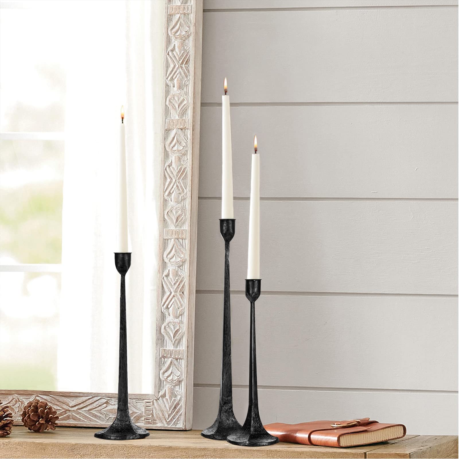 Iron Taper Candle Holder Set of 3 - Decorative Tall Candle Stand, Candlestick Holder for Wedding, Dining Table, Party Decoration (Antique Brass)
