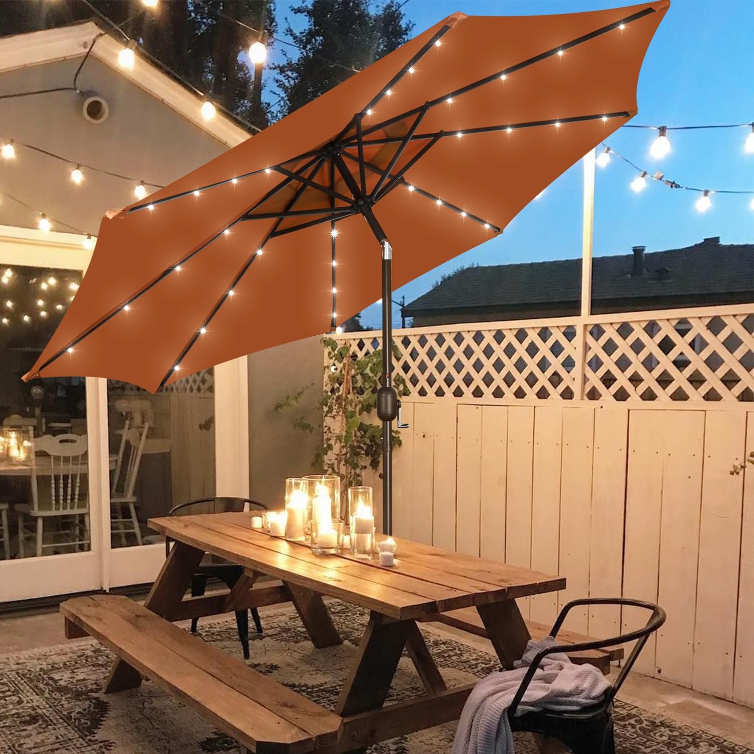 Blissun 9 ft Solar Umbrella, 32 LED Lighted Patio Umbrella, Table Market Umbrella, Outdoor Umbrella for Garden, Deck, Backyard, Pool and Beach (Light Blue)