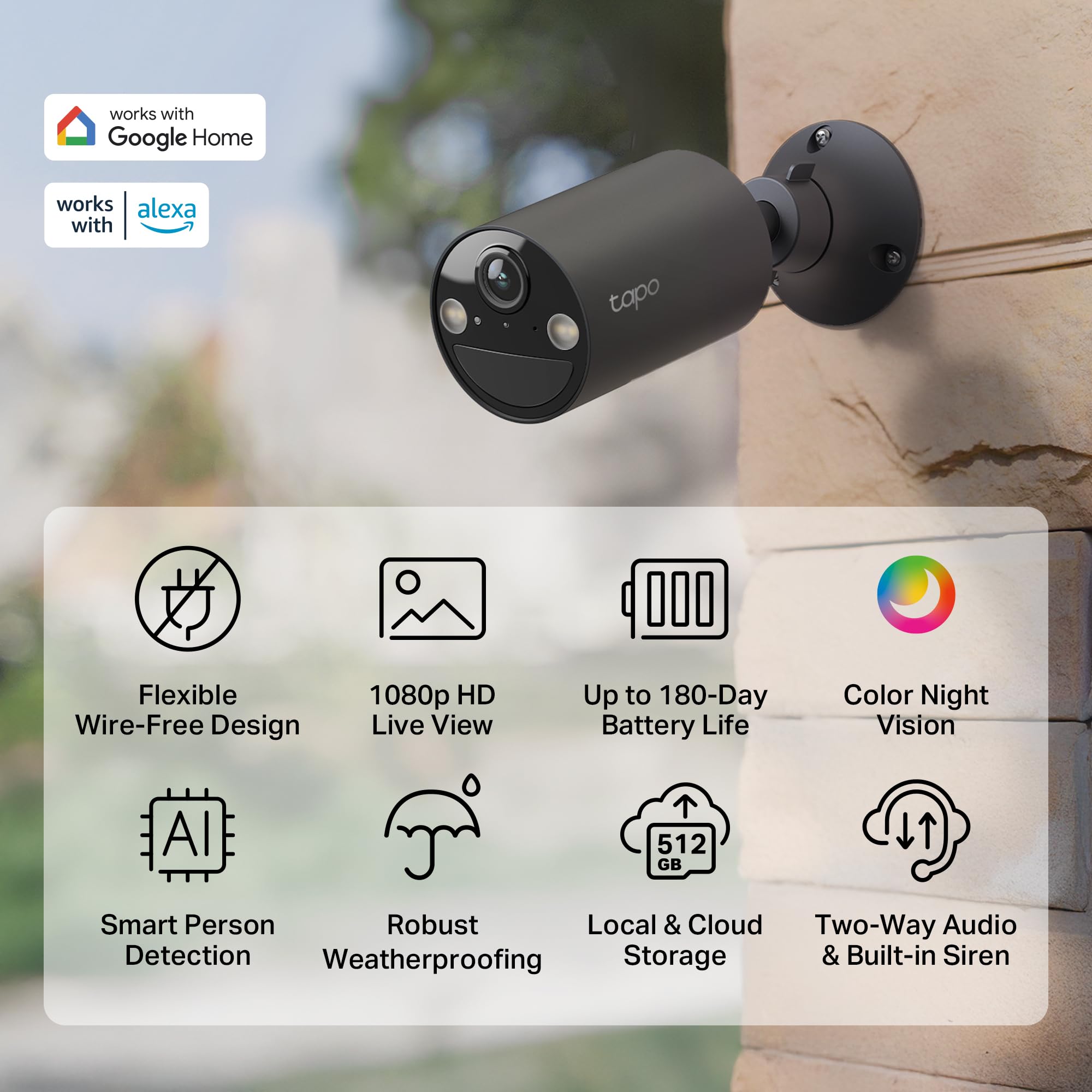 Tapo by TP-Link Wireless Outdoor Security Camera, 1080P, Up to 180 Days Battery Life, Free Person Detection, SD/Cloud Storage, Spotlight Color Night Vision, Alarm, No Hub Needed, Black, C403