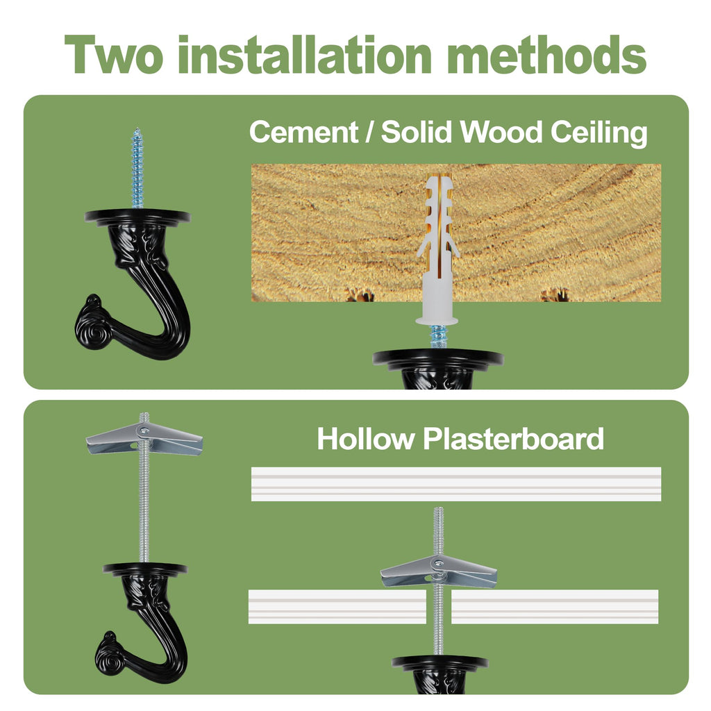 Aidoclip Ceiling Swag Hook Sets - Heavy Duty Hooks with Mounting Hardware for Hanging Plant, Ceiling or Extender Chains - Easy Install with Screws/Brackets (10 pcs - Black)