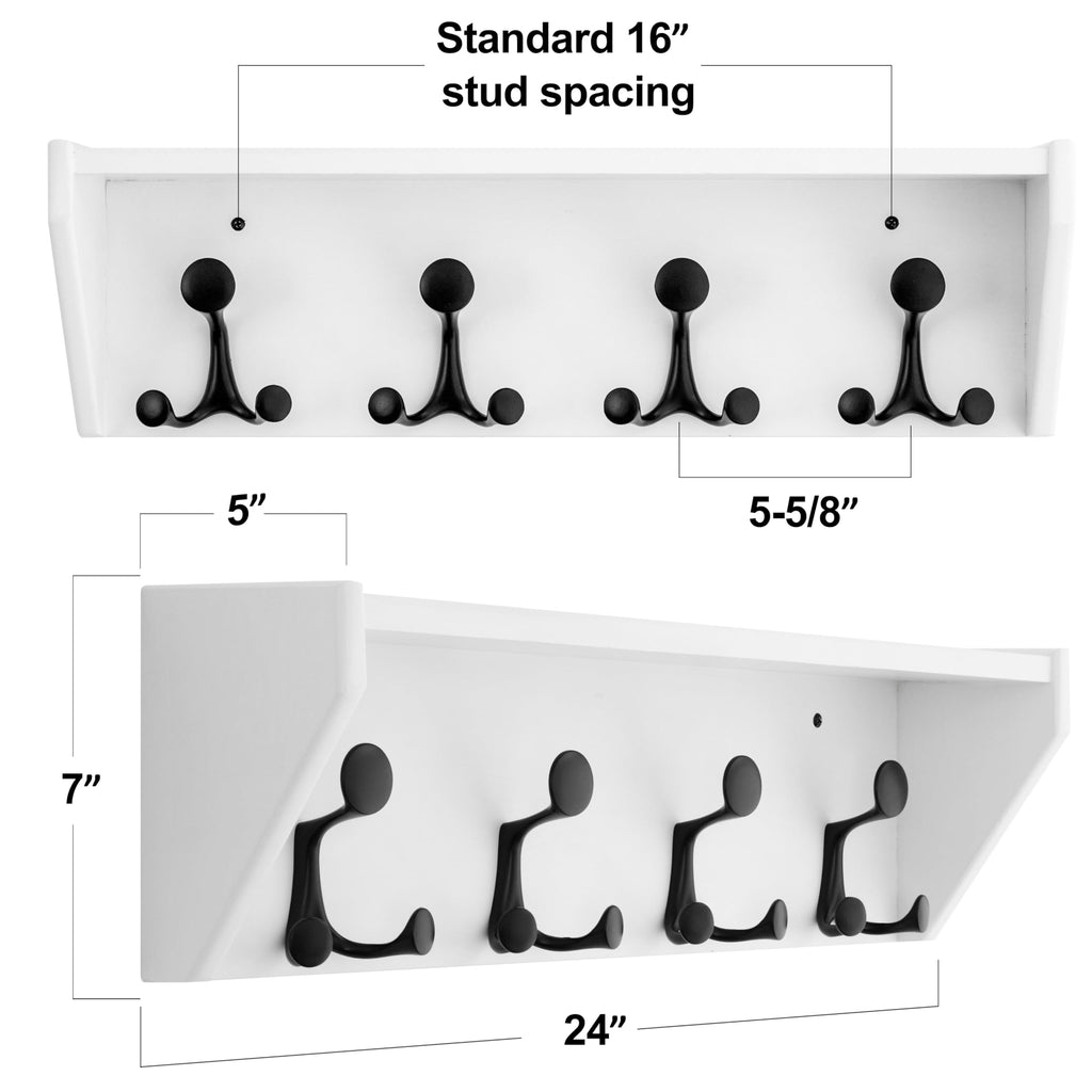 SKOLOO Wall Shelf with Hooks, 24-Inch Cherry Coat Rack Wall Mount with Shelf Organizer - Heavy Duty, 4 Tri Hooks - Perfect for Entryway, Hallway, Living Room, Bedroom, Mudroom