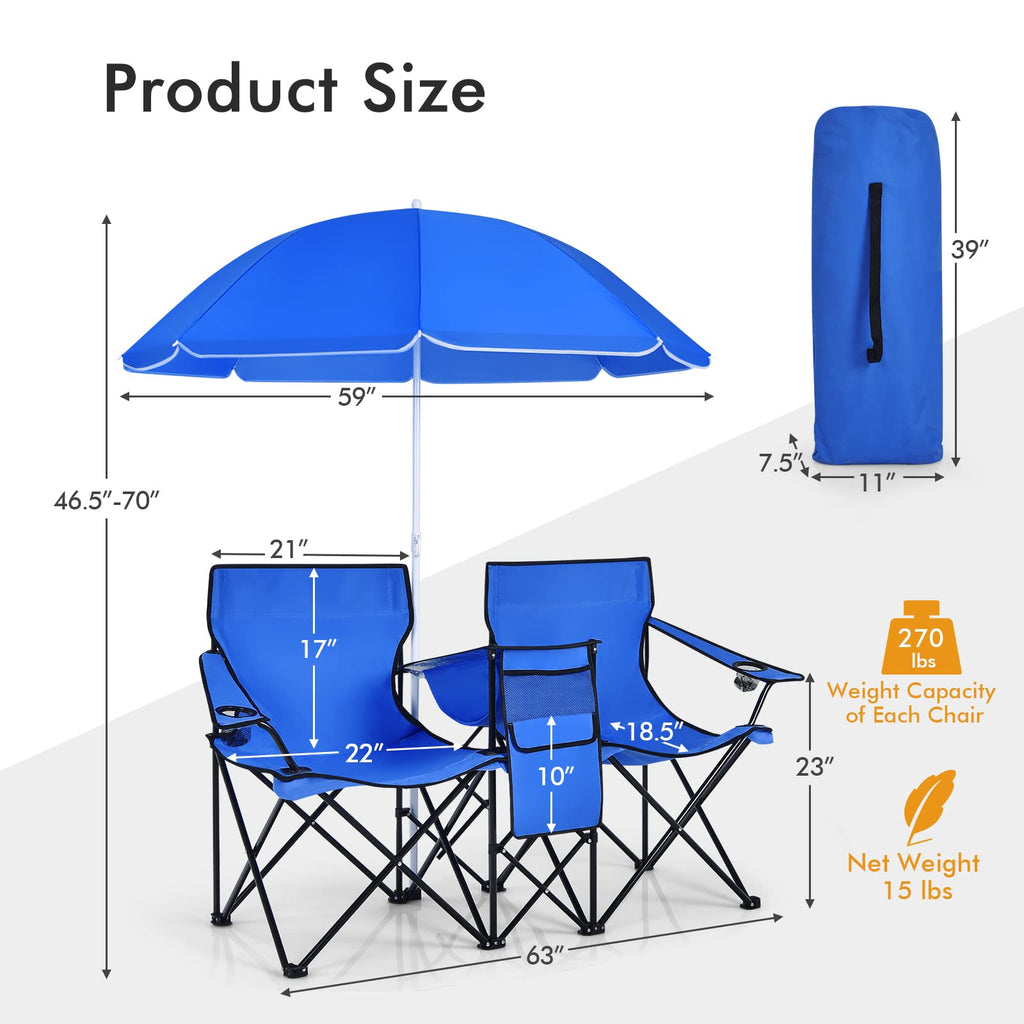 COSTWAY Double Portable Picnic Chairs, Folding Camping Chairs w/Detachable Umbrella, Cooler Bag, Cup Holders, Patio Beach Camping Chairs for Outdoors