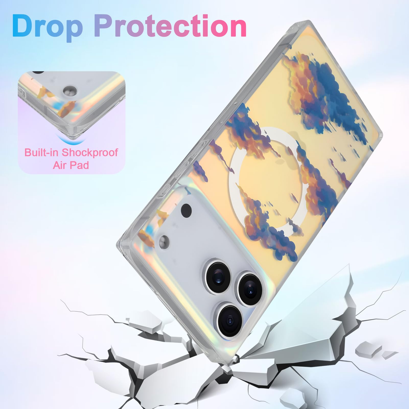 Cute Case for iPhone 13 Pro Case for Women Girls with Iridescent Cloud Pattern Design, Aesthetic Trendy Girly Matte Glitter Sparkly Rainbow Rectangle Protective Phone Cover, Sun Set Sky
