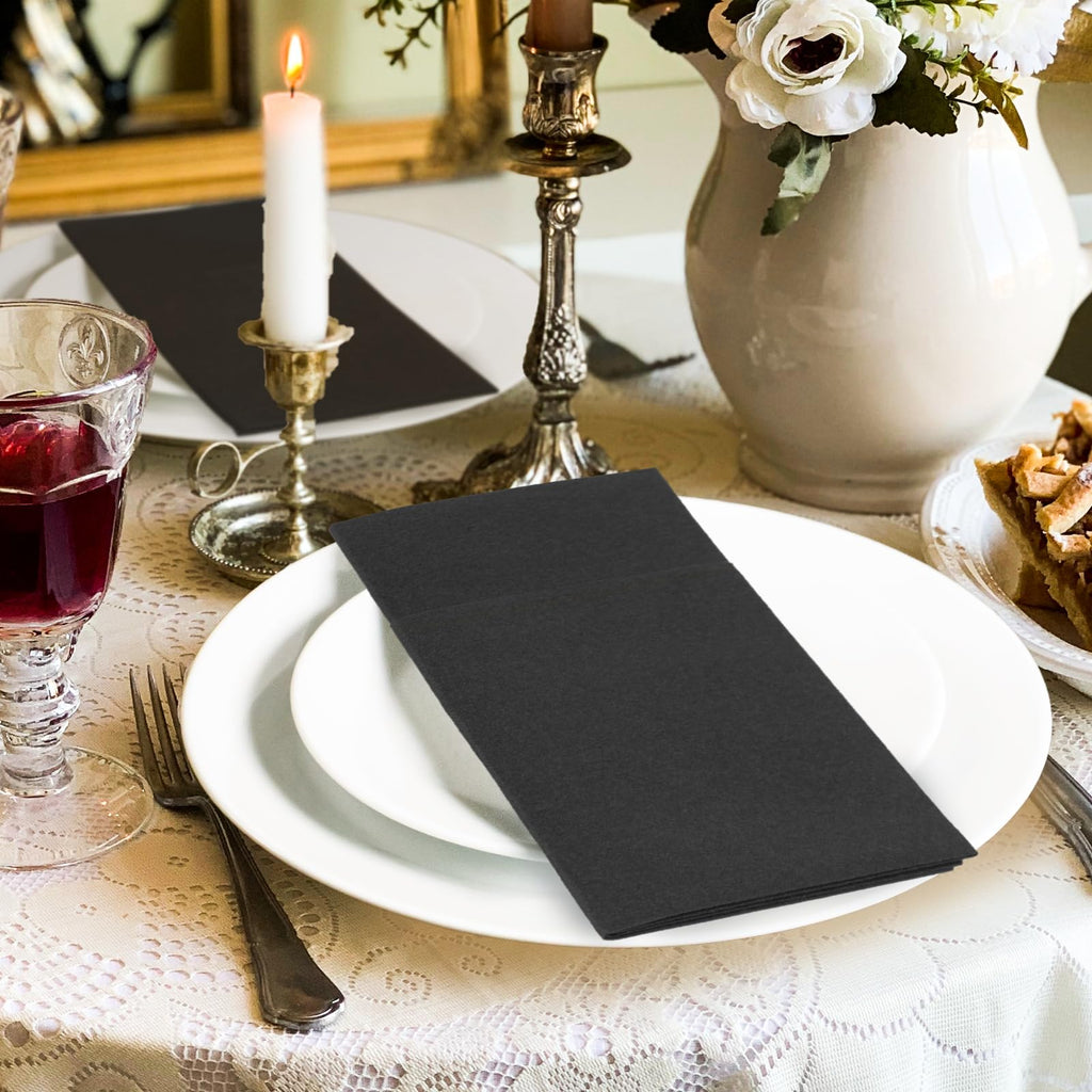 KAMMAK Black Napkins Disposable with Pocket Wedding Decorative Dinner Paper Napkins 100 Pack Linen Feel Prefolded Guest Hand Towels for Party Decoration, Cocktail Reception, Hotel (16.5 x 16.5 inch)