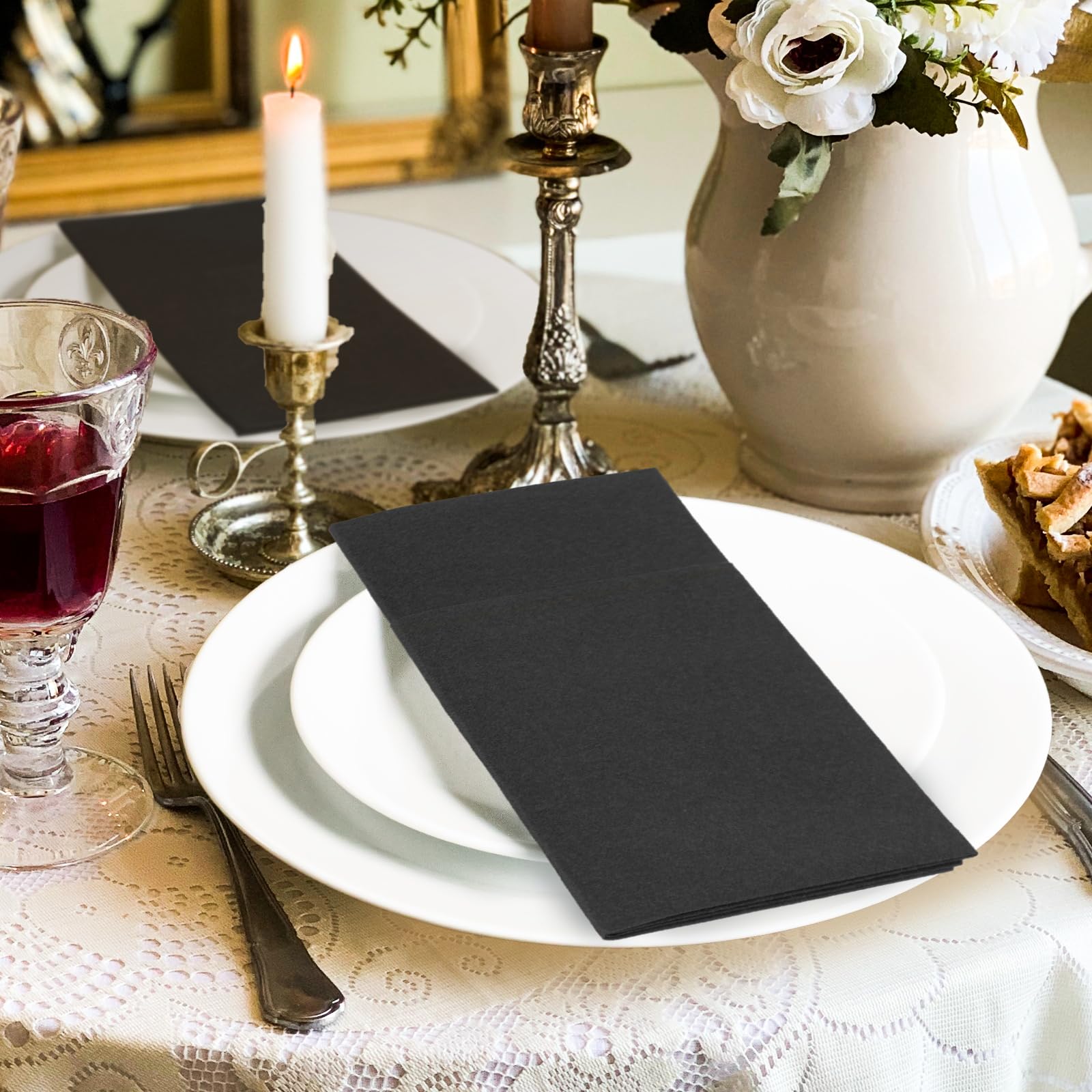 KAMMAK Black Napkins Disposable with Pocket Wedding Decorative Dinner Paper Napkins 100 Pack Linen Feel Prefolded Guest Hand Towels for Party Decoration, Cocktail Reception, Hotel (16.5 x 16.5 inch)