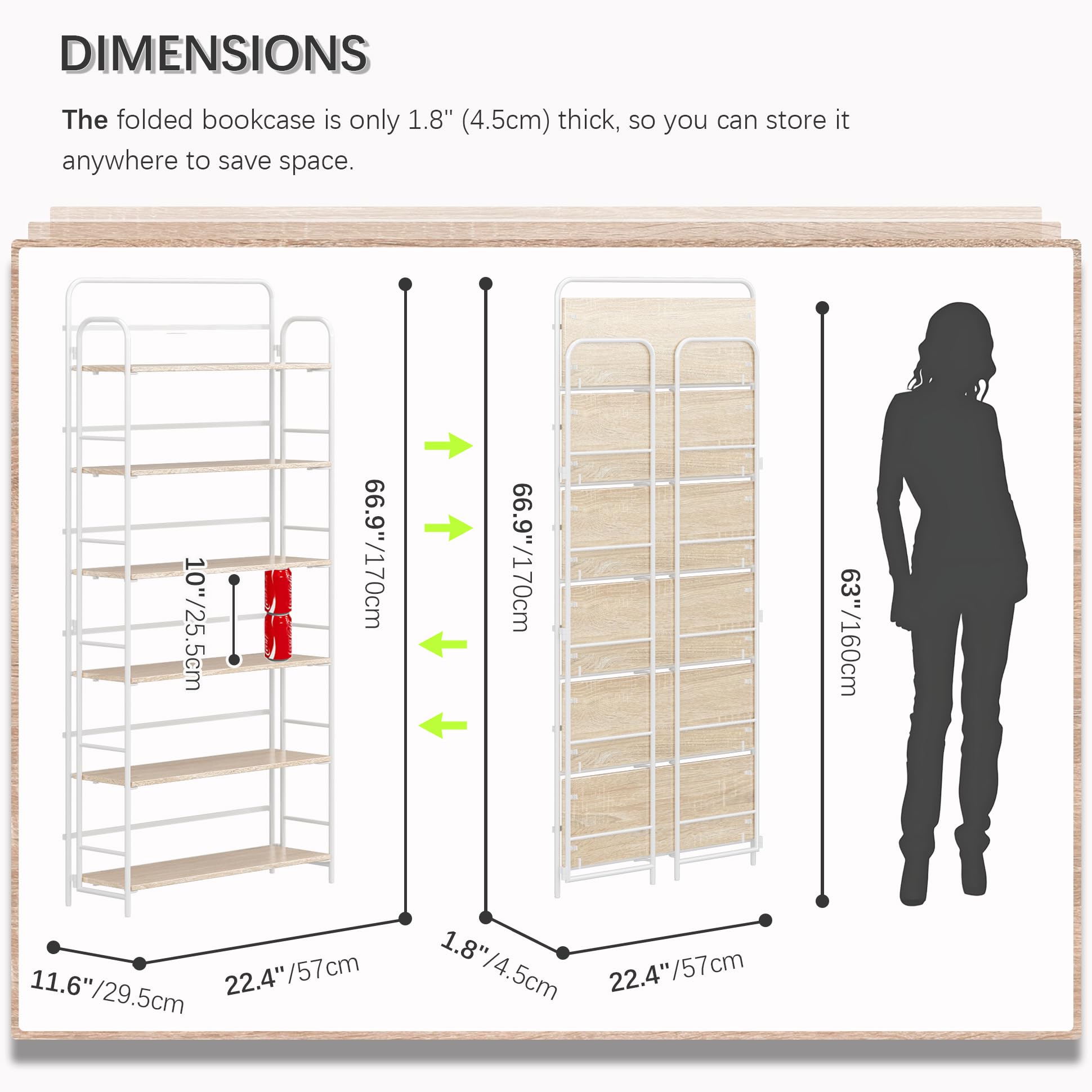 4NM No Assembly Folding Bookshelf, 3 Tiers Collapsible Book Shelves Open Industrial Foldable Storage Bookcase Shelf for Bedroom, Living Room, Home Office - Natural and White