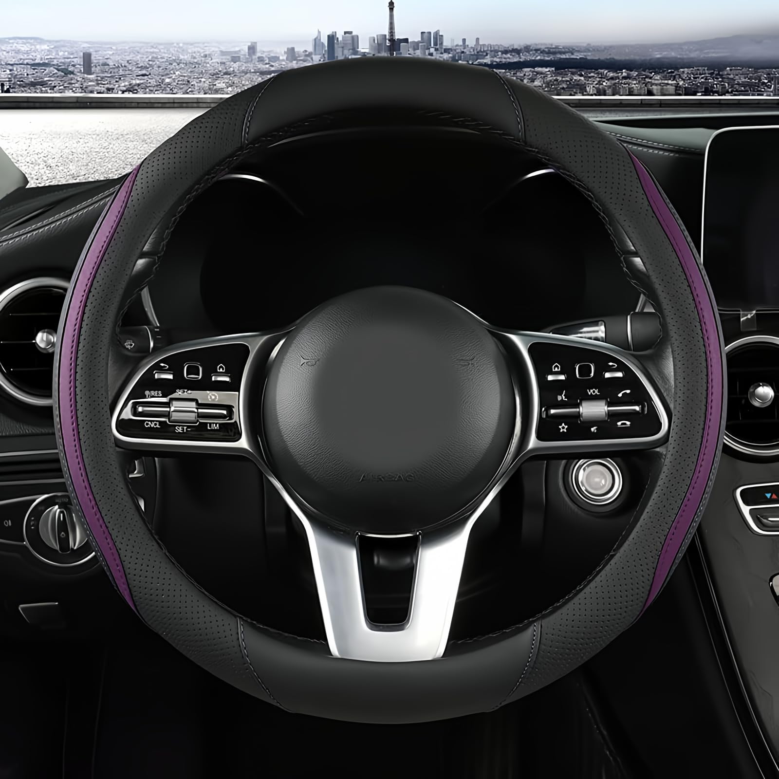 Car Steering Wheel Cover, Leather Steering Wheel Cover Beige Universal 14.5-15 Inch Microfiber Leather Anti-Slip Breathable Auto Steering Wheel Covers for Men Women (Black&Beige)
