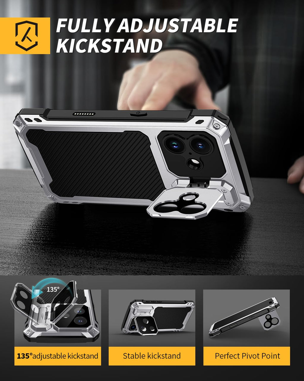 Lanhiem for iPhone 16 Metal Case with Camera Cover & Stand [Compatible with MagSafe] [Built-in Kickstand] [Military-Grade Protection] Heavy Duty Rugged Magnetic Phone Case, Black