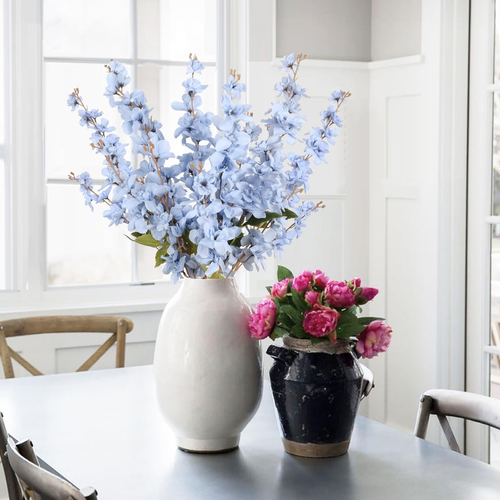 6PCS Blue Delphinium Artificial Flower Lifelike Silk Larkspur Flowers Plant 35.43" Long Stem Blossoms Fake Flowers for Tall Vase Floral Arrangements Home Table Wedding Decor(Blue)