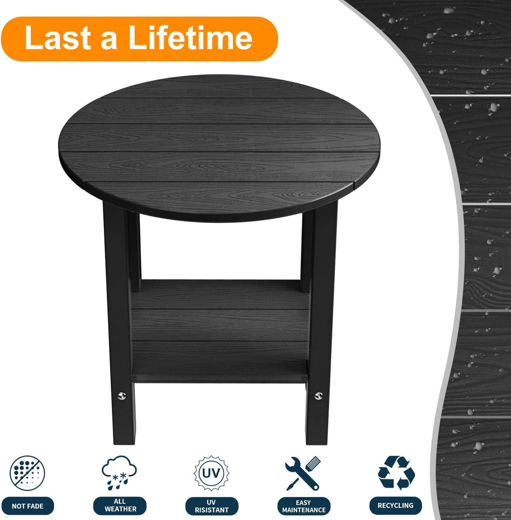 MXIMU Round Outdoor Side Table Adirondack Tables 18 Inch Chairside End Tables with Storage Shelf, 2-Tier Plastic Patio Side Table for Balcony Backyard Lawn (Black, 1 Pack)