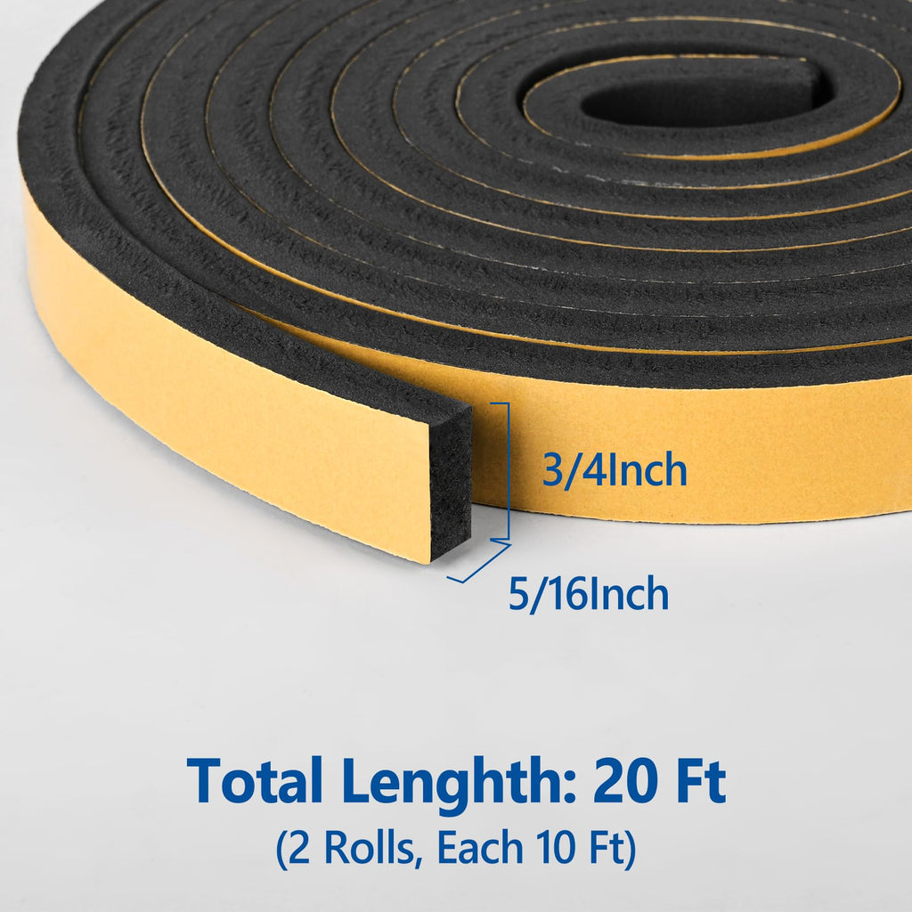 Kikerike Self Adhesive Foam Tape Weatherstrip 1In x 1/2In x 20Ft High Density Foam Insulation Strips Seal Weather Stripping with Strong Adhesive for Door and Window Sound Isolation Soundproofing