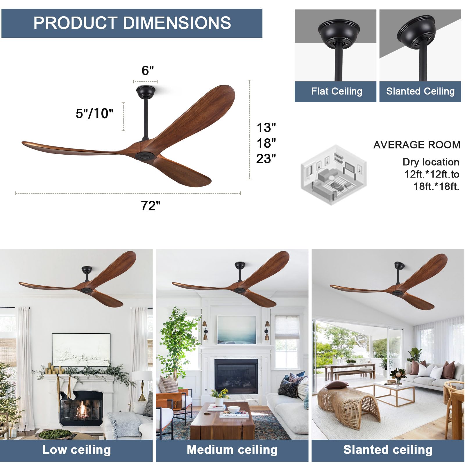 ABZ Ceiling Fans without Lights - 52 Inch Modern Ceiling Fans no Lights with Remote Control, Black 3 Blade Solid Wood Indoor Outdoor Ceiling Fans for Patios Living Room Bedroom