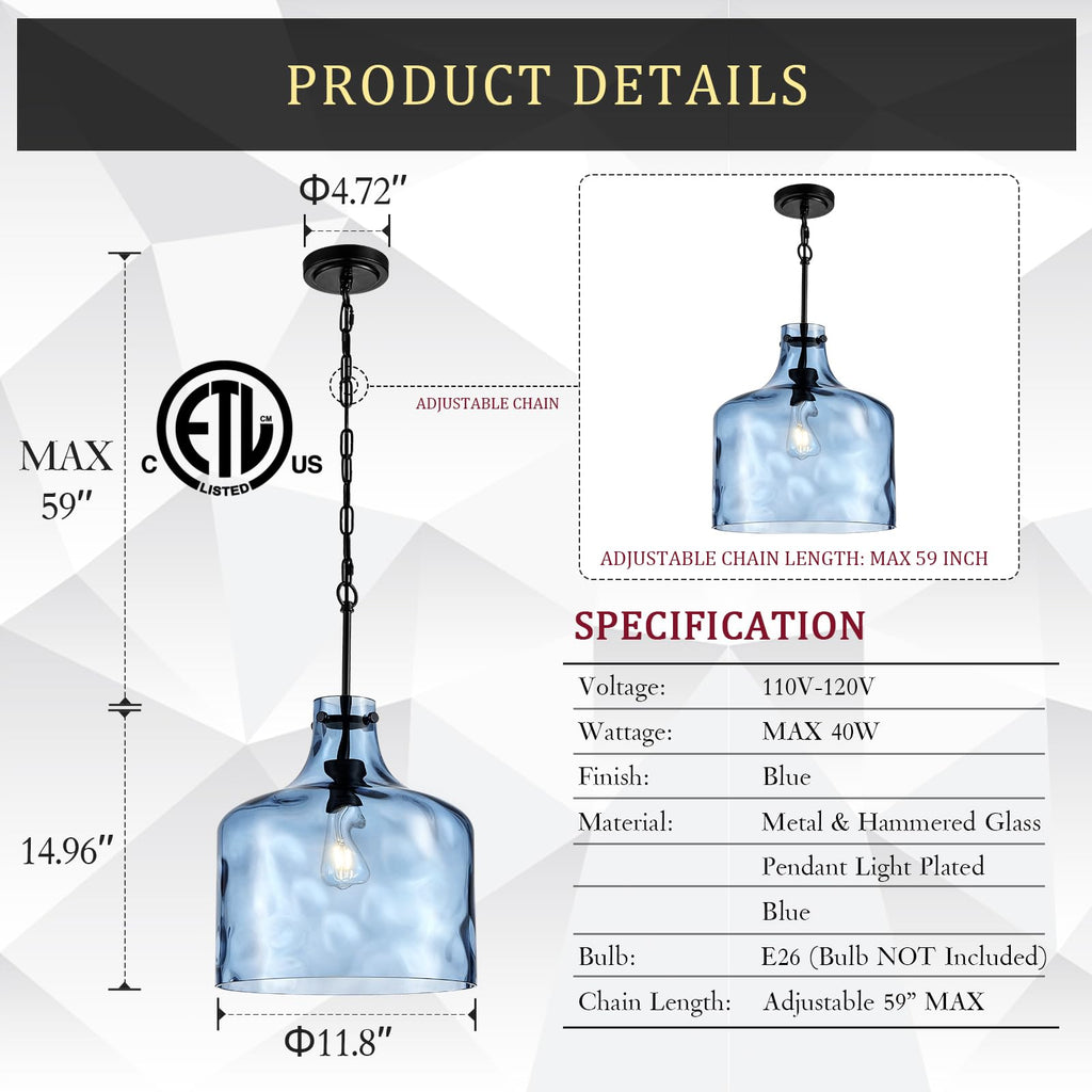 Glass Large Pendant Lights for Kitchen Island Blown Glass Pendant Light Clear Hammered Shade Hanging Ceiling Lights with Black Finish for for Kitchen Island, Sink, Hallway, Living Room 11 inch
