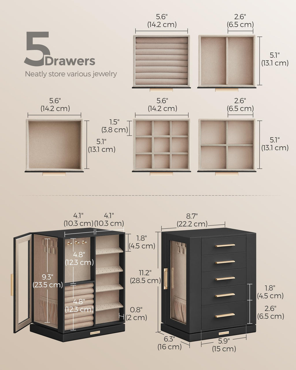 SONGMICS GISELLA Collection - Jewelry Box Organizer 360° Rotating, Vertical Jewelry Storage Case with 5 Drawers, Glass Window, Spacious, Open Design, Great Gift, Cloud White UJBC170W01