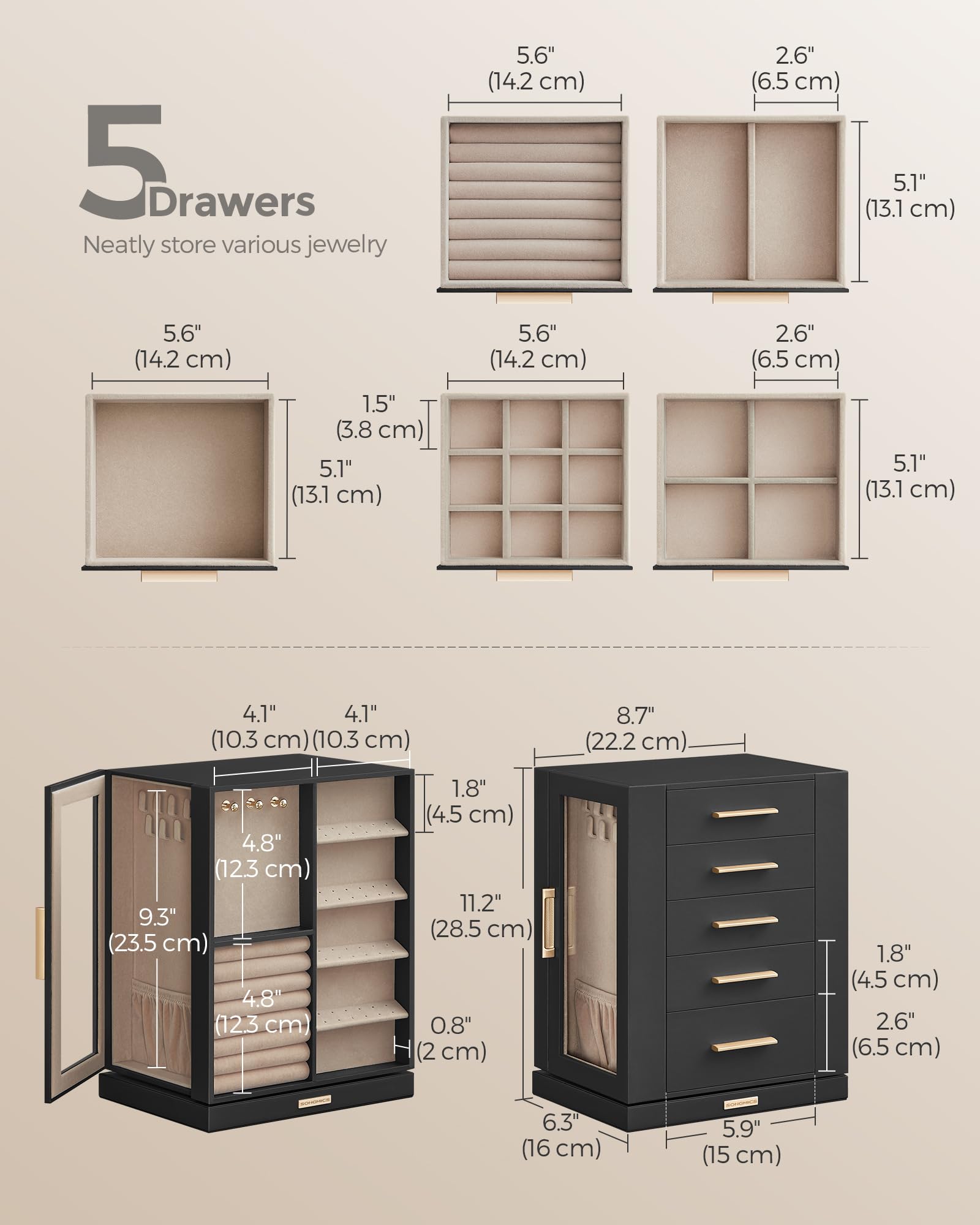 SONGMICS GISELLA Collection - Jewelry Box Organizer 360° Rotating, Vertical Jewelry Storage Case with 5 Drawers, Glass Window, Spacious, Open Design, Great Gift, Cloud White UJBC170W01