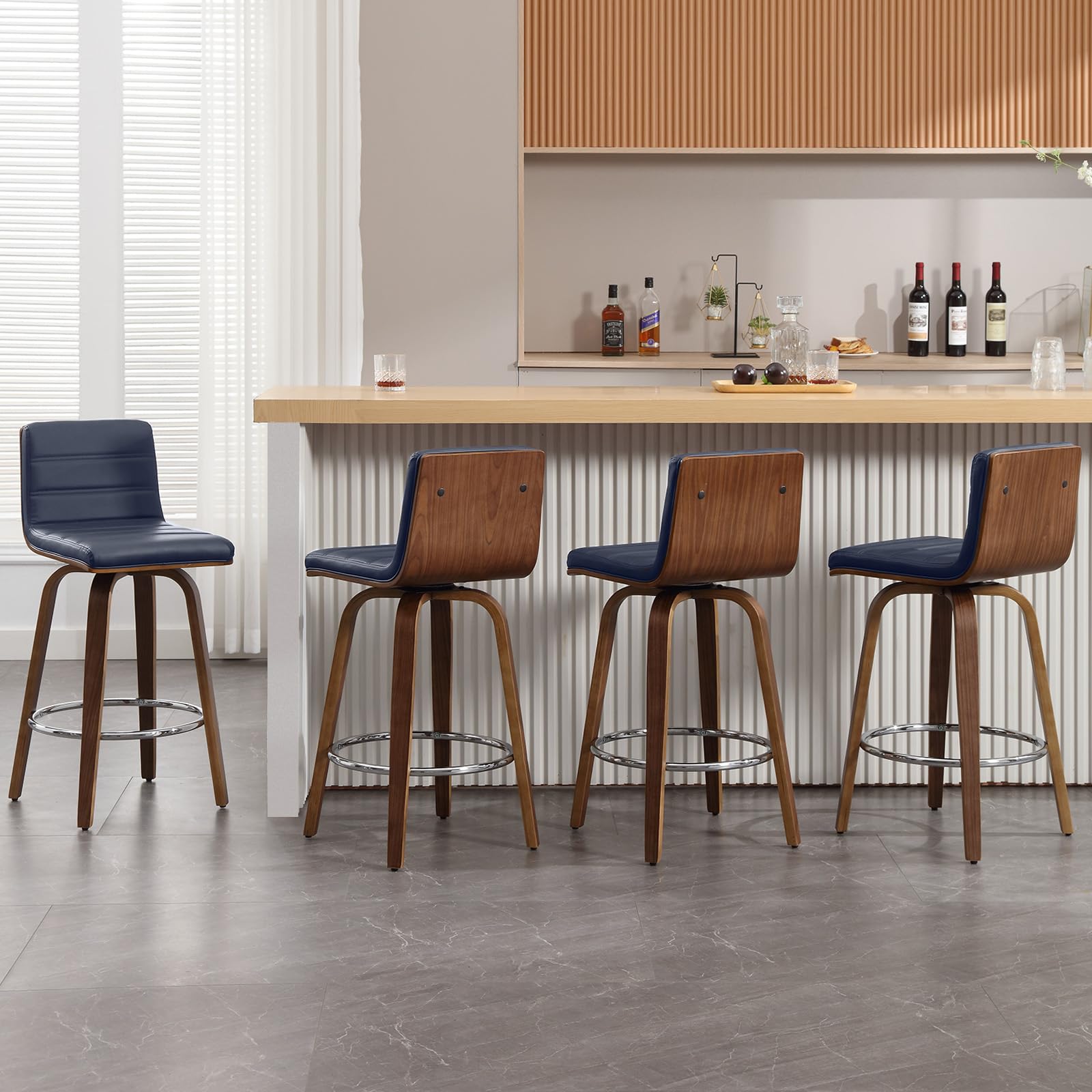 Bar Stools 29 Inch Bar Height, Swivel Bar Stools with Backs Upholstered PU Leather Barstool, L Shape Back and Padded Seat, Mid-Century Modern Bar Stool Pub Chairs for Kitchen Counter Island, Black